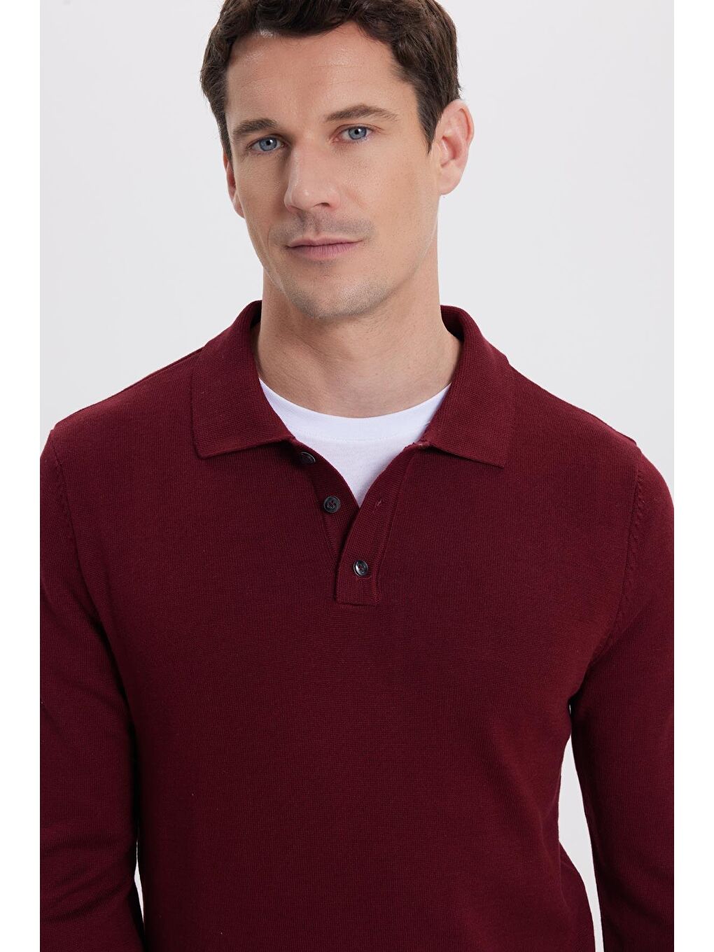 Erkek Standart Fit Normal Kesim Pamuklu Polo Yaka Bordo Kazak-1