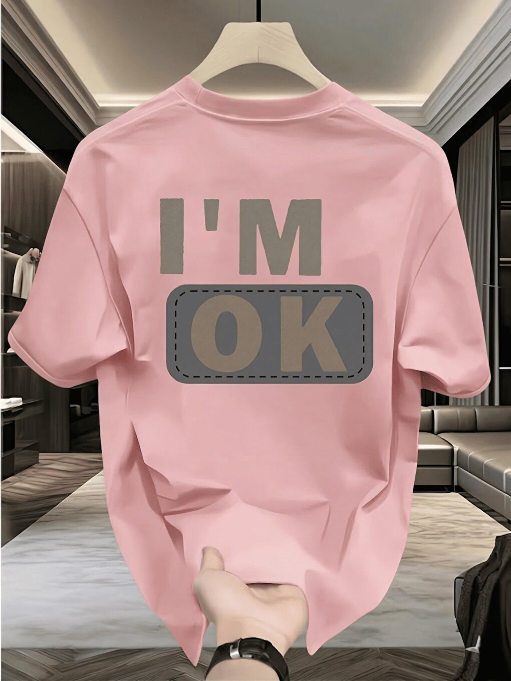 Pembe Unisex "ı'm Ok" Baskılı Oversize Pamuklu Tişört - Özel Tasarım Patch Detaylı