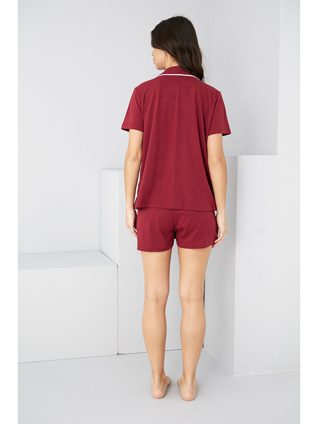Bordo Kalpli Biye Detaylı Örme Şort Takım7890-1