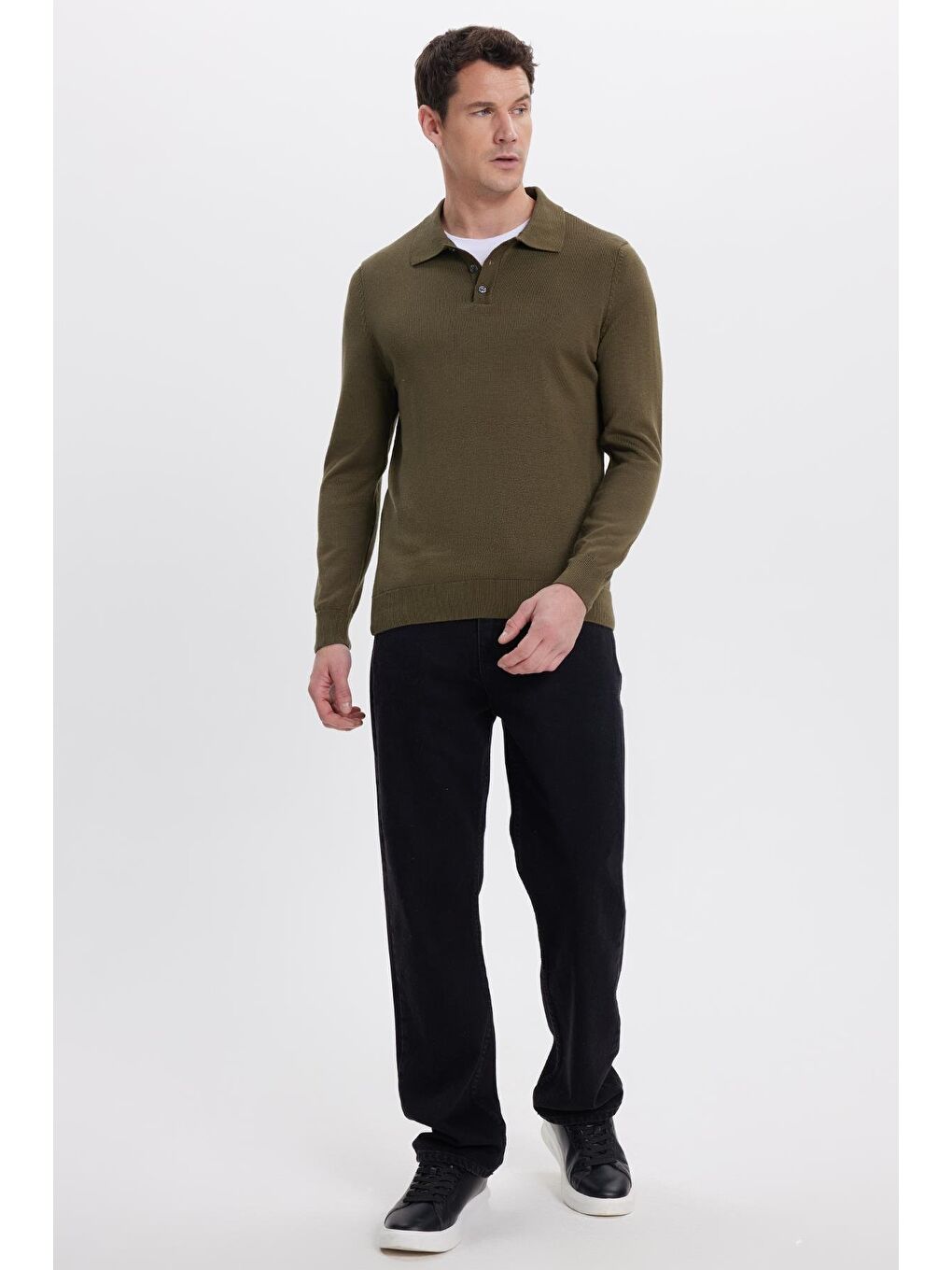 Erkek Standart Fit Normal Kesim Pamuklu Polo Yaka Haki Kazak-3