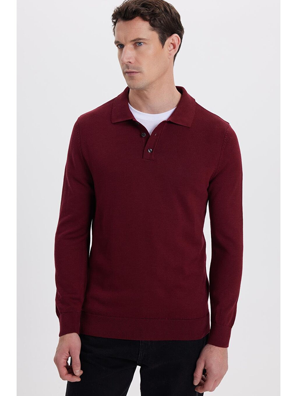 Erkek Standart Fit Normal Kesim Pamuklu Polo Yaka Bordo Kazak-5
