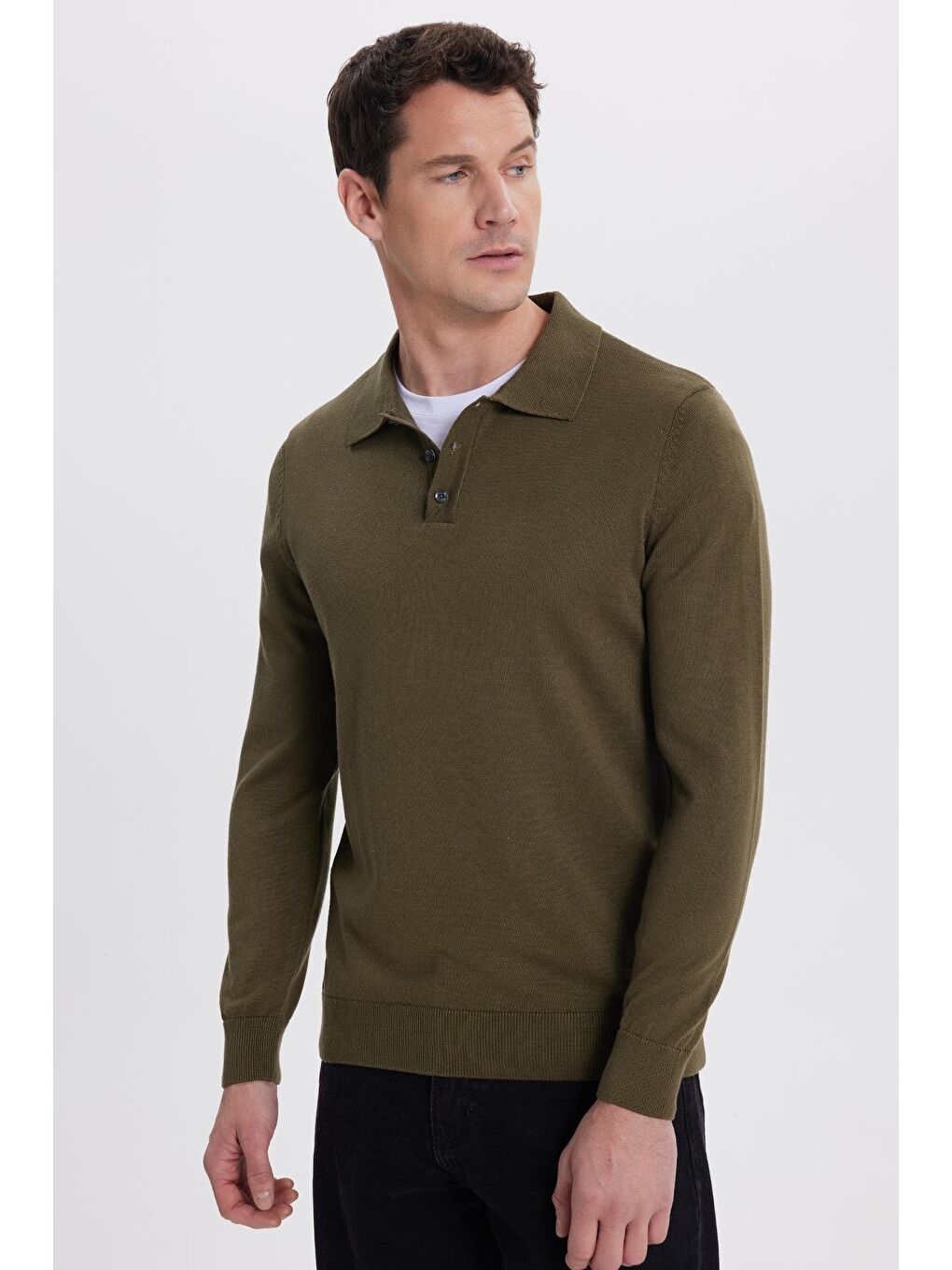 Erkek Standart Fit Normal Kesim Pamuklu Polo Yaka Haki Kazak-4
