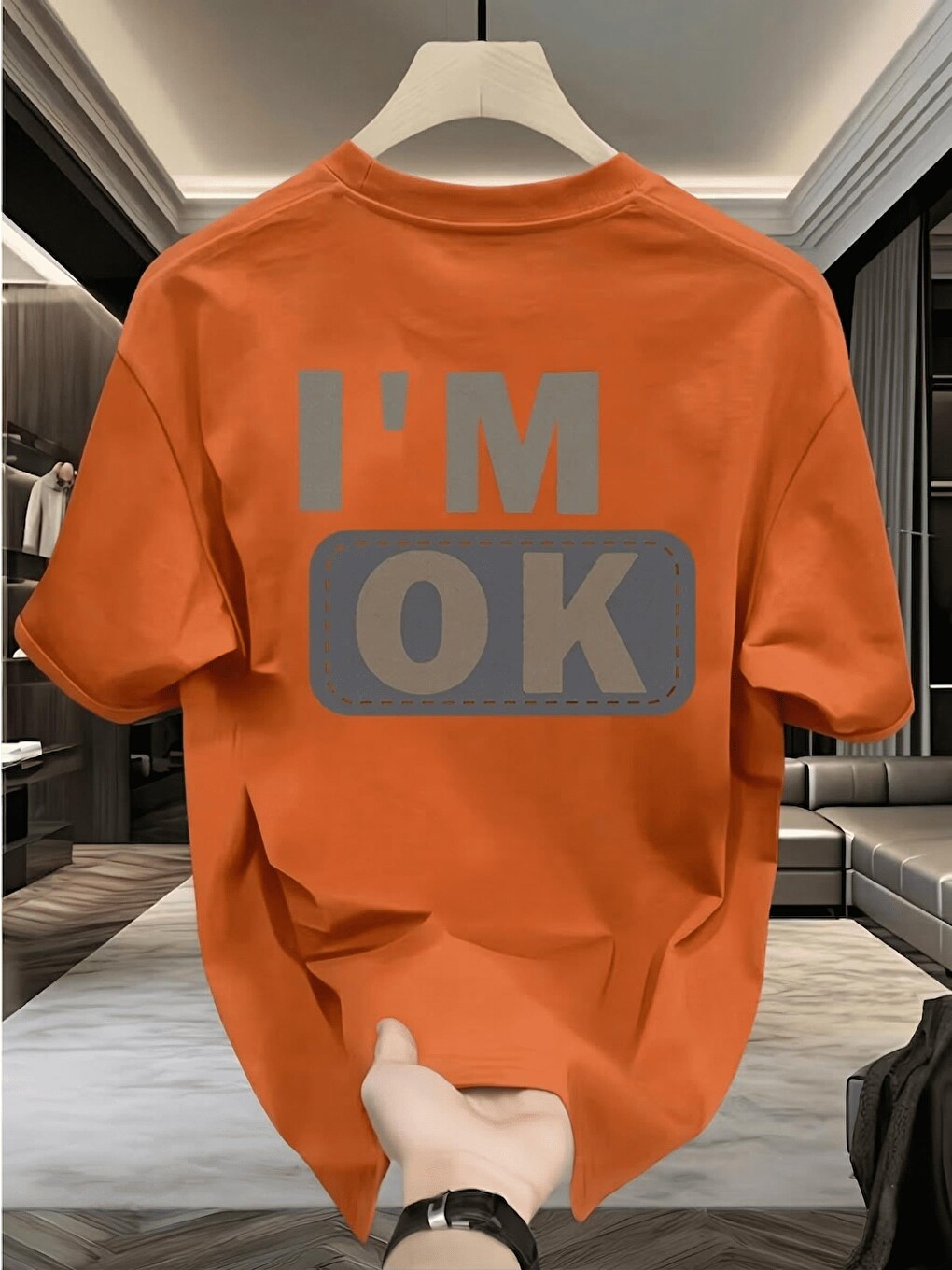 Turuncu Unisex "ı'm Ok" Baskılı Oversize Pamuklu Tişört - Özel Tasarım Patch Detaylı