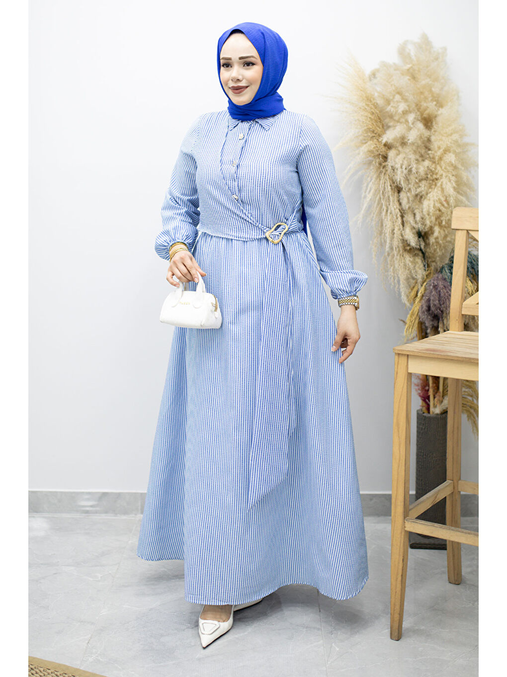 Çizgili Tokalı Gömlek Elbise TSD260196 Mavi