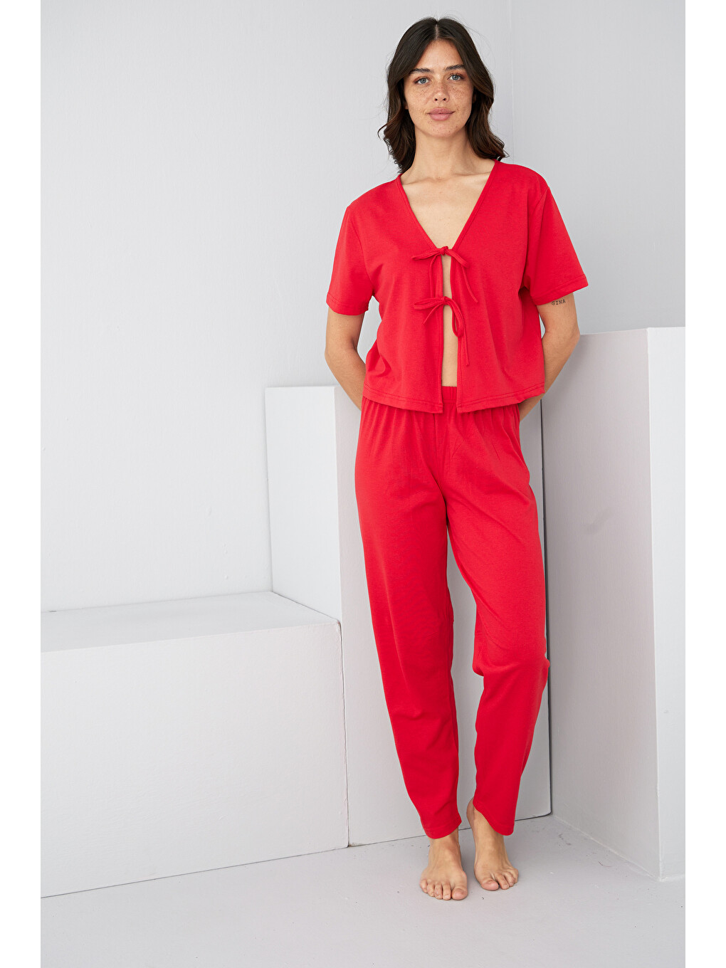 Kırmızı Bağlamalı Örme Pijama Takım7889-1