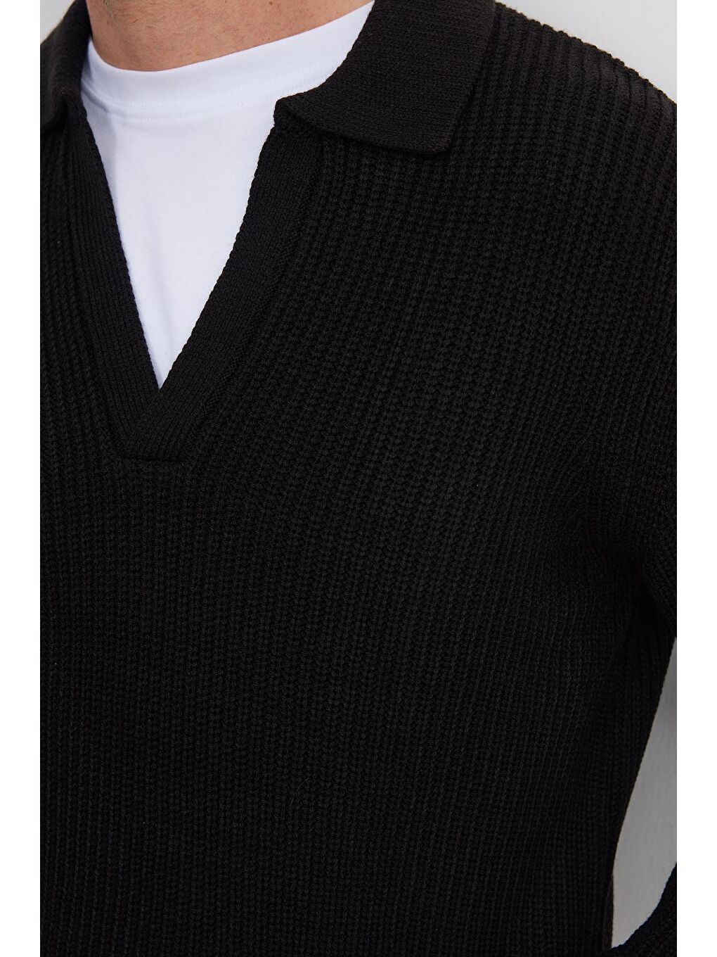 Erkek Slim Fit Dar Kesim Polo Yaka Siyah Kazak-2