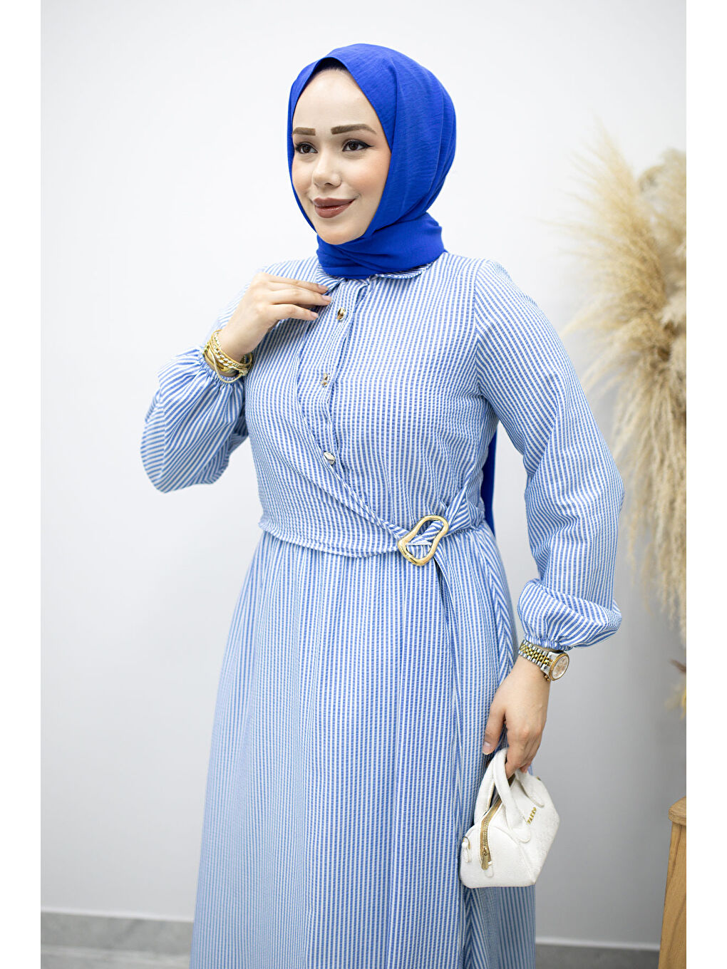 Çizgili Tokalı Gömlek Elbise TSD260196 Mavi-1