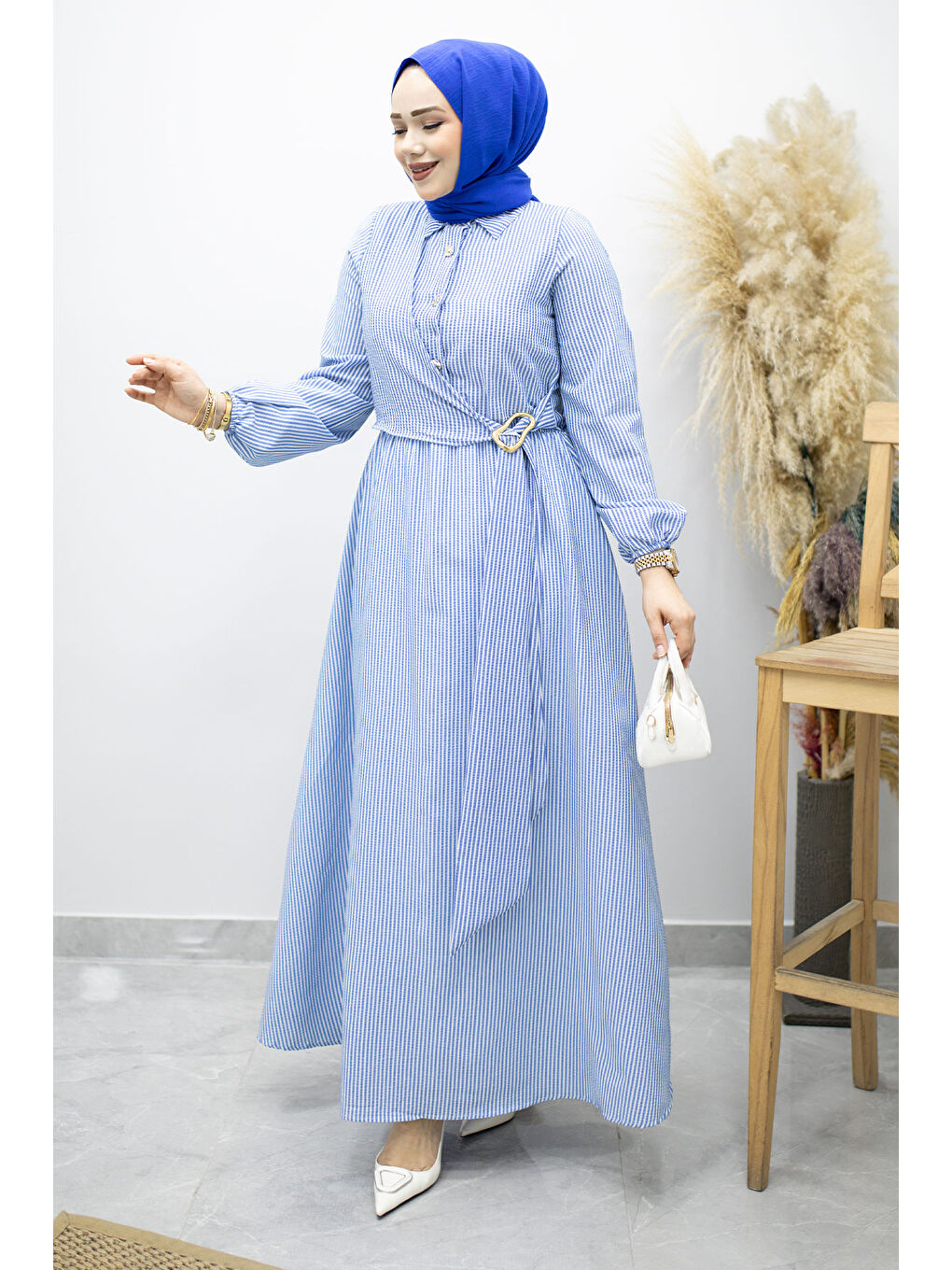 Çizgili Tokalı Gömlek Elbise TSD260196 Mavi-2