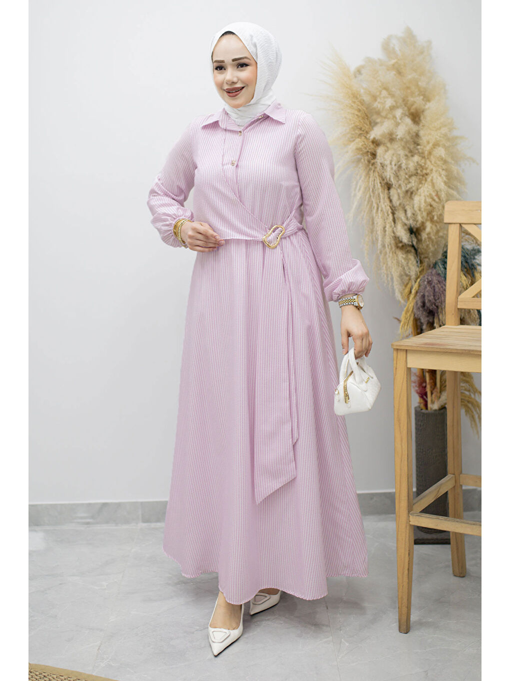 Çizgili Tokalı Gömlek Elbise TSD260196 Lila