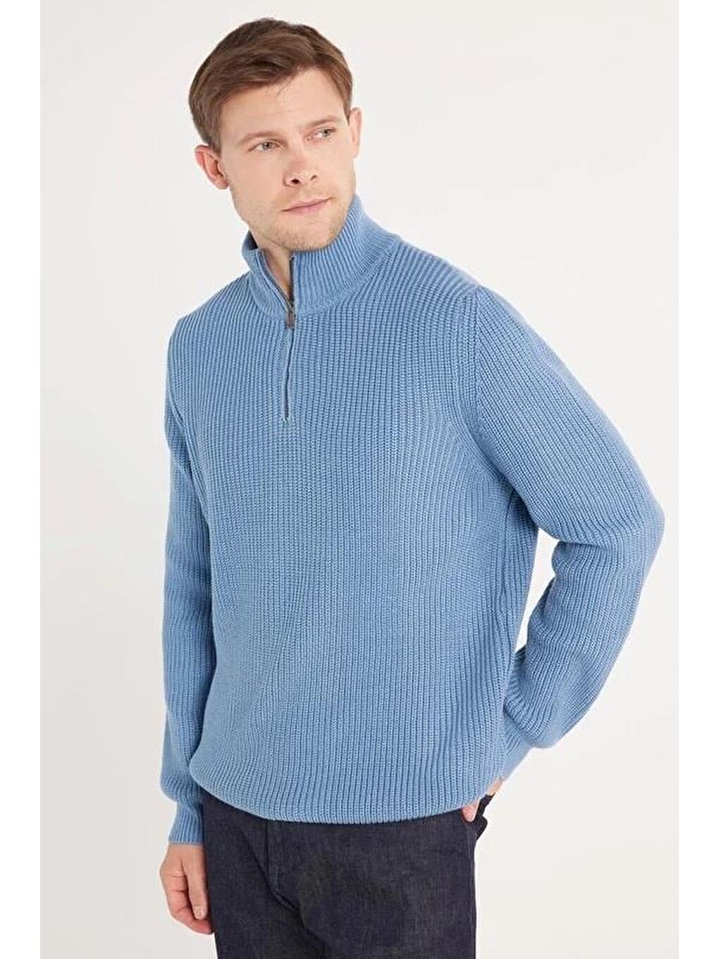 Karışık Erkek 3'Lü Paket Haki-Füme-Mavi Slim Fit Dar Kesim Fermuarlı Dik Yaka Triko Kazak-2