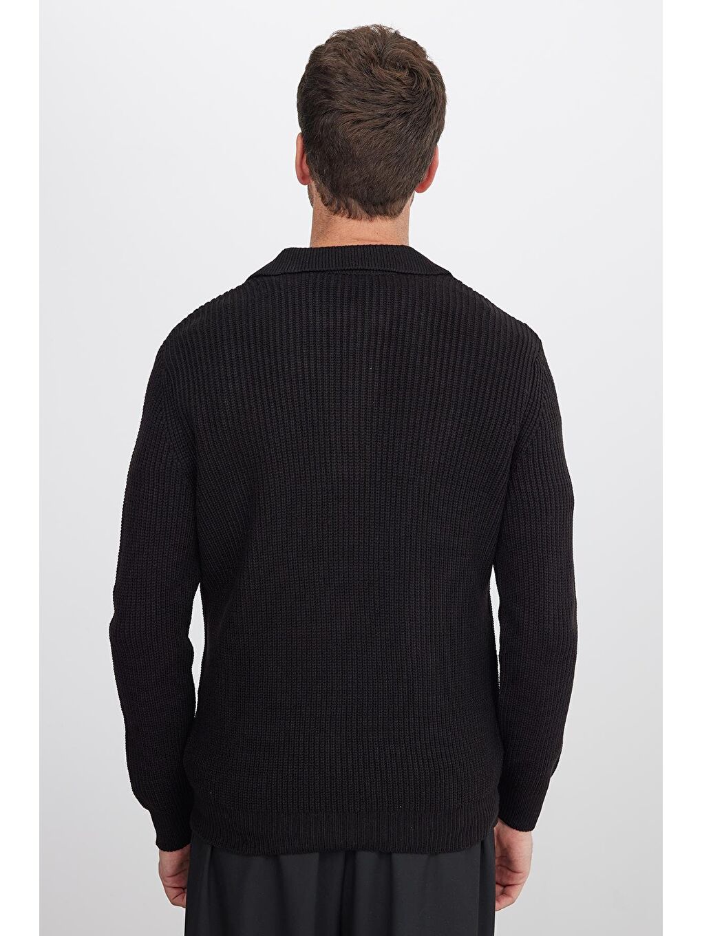 Erkek Slim Fit Dar Kesim Polo Yaka Siyah Kazak-6