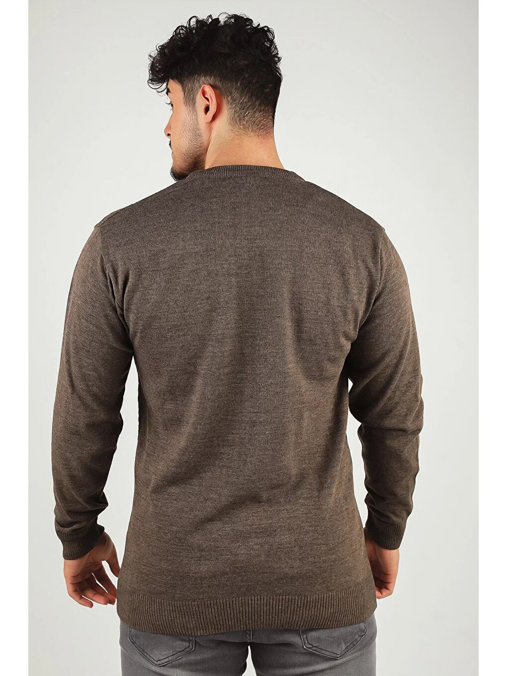 Bej Erkek Bisiklet Yaka Kendinden Desenli Triko Kazak-1