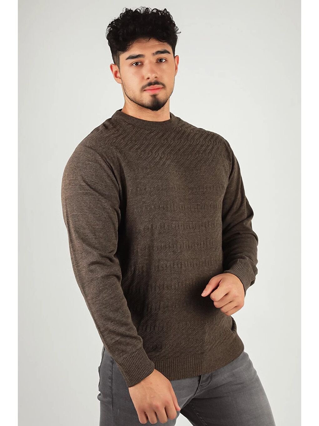 Bej Erkek Bisiklet Yaka Kendinden Desenli Triko Kazak-2