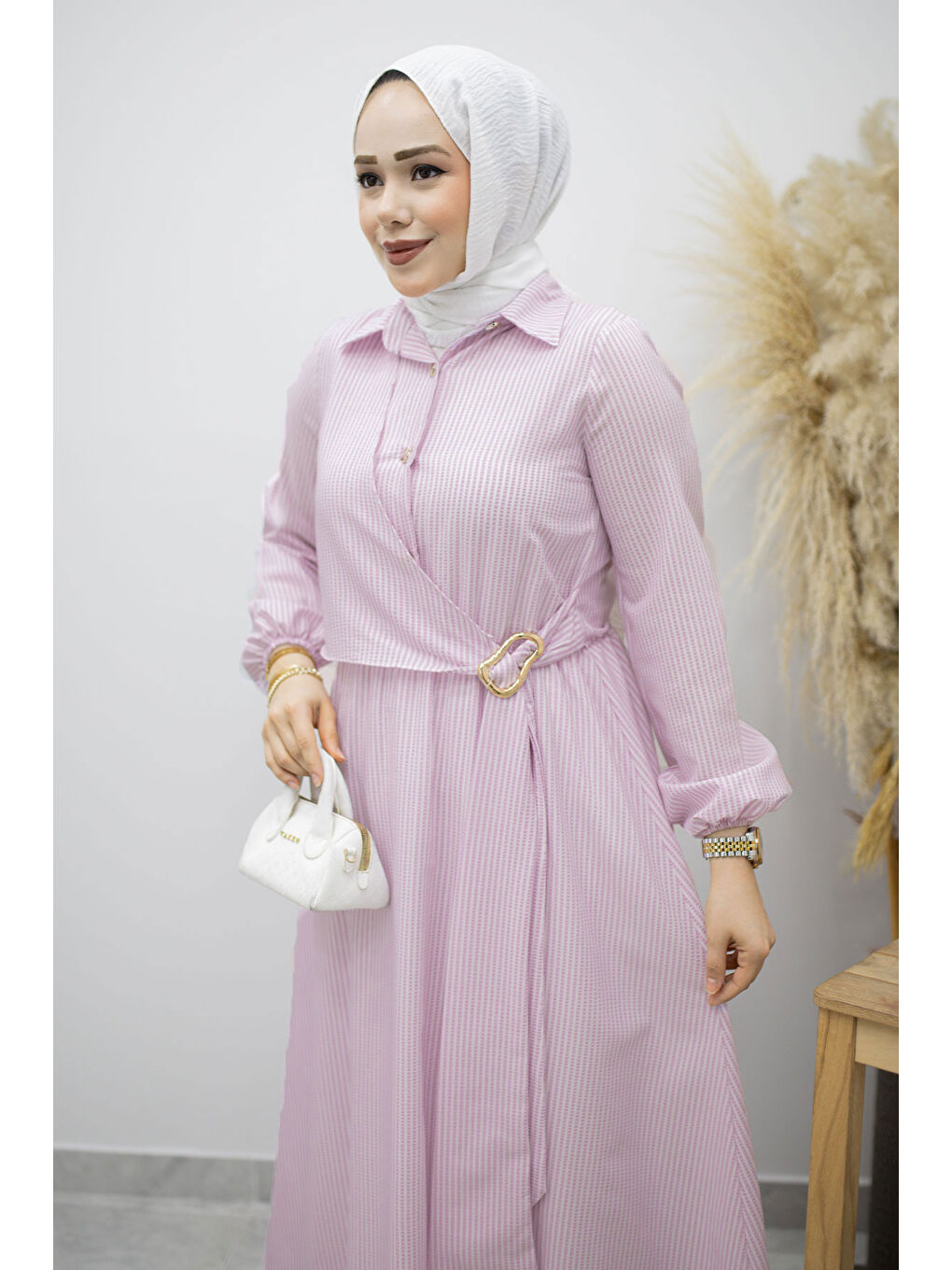 Çizgili Tokalı Gömlek Elbise TSD260196 Lila-1
