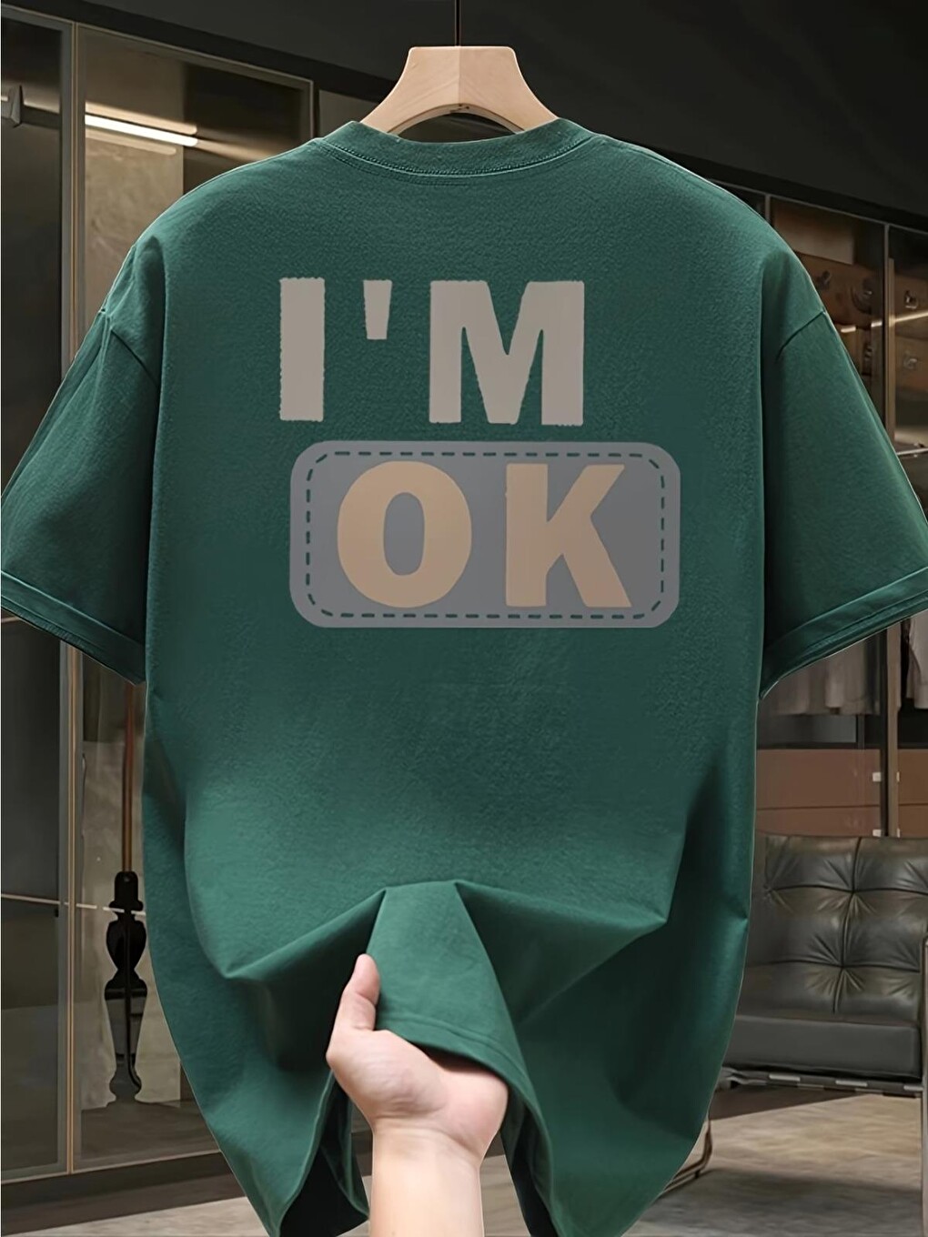 Yeşil Unisex "ı'm Ok" Baskılı Oversize Pamuklu Tişört - Özel Tasarım Patch Detaylı