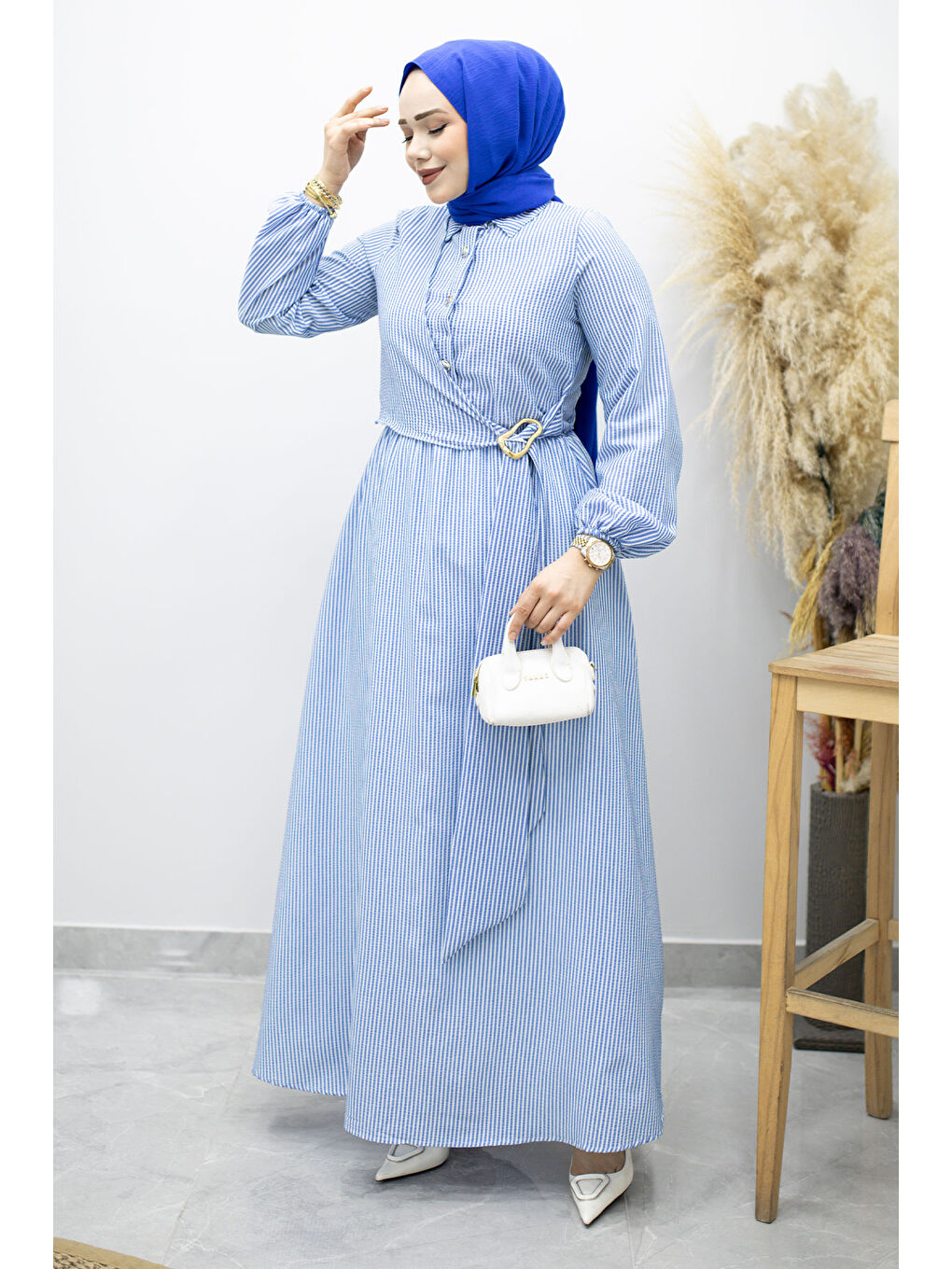 Çizgili Tokalı Gömlek Elbise TSD260196 Mavi-4