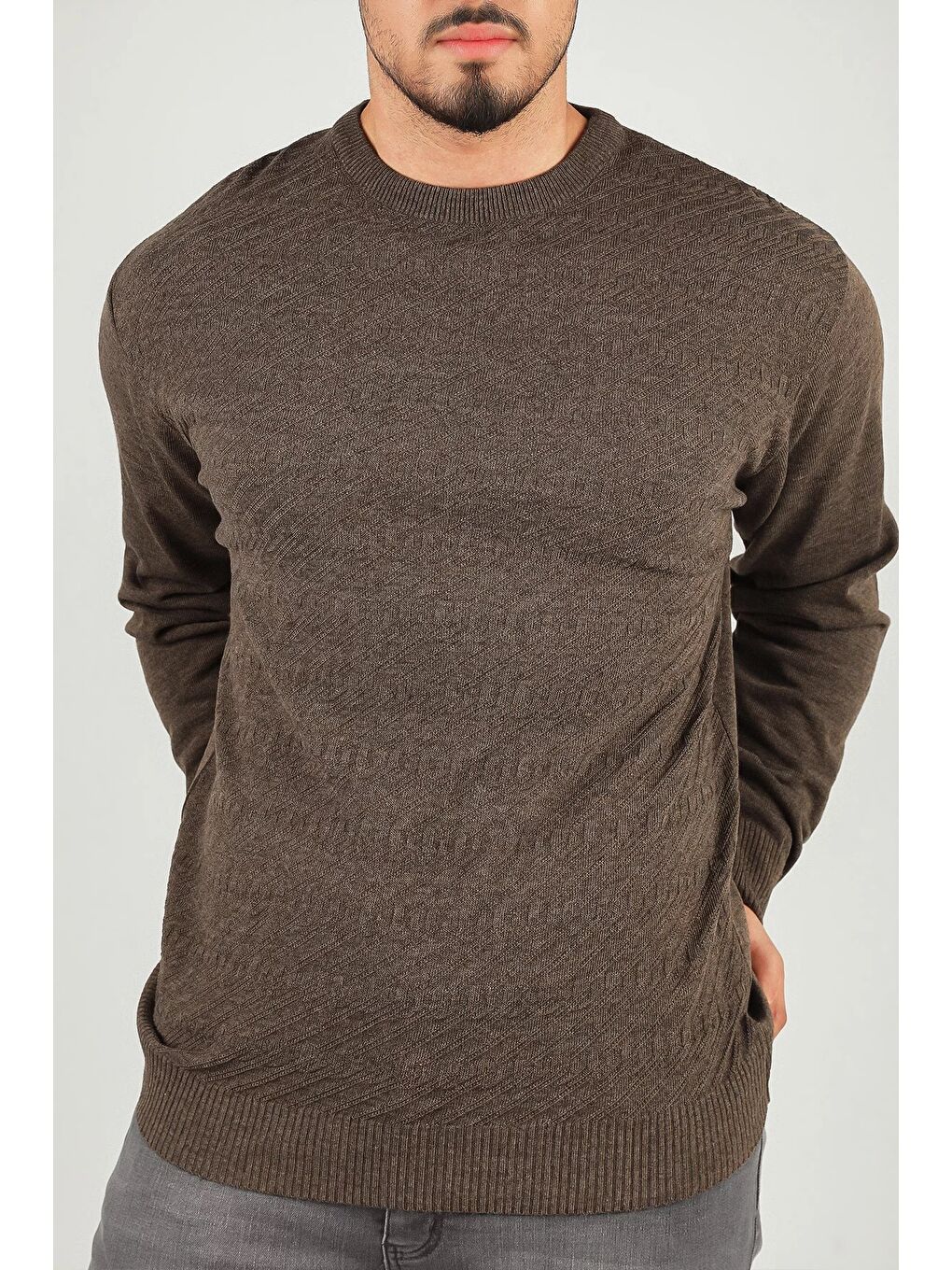 Bej Erkek Bisiklet Yaka Kendinden Desenli Triko Kazak-3