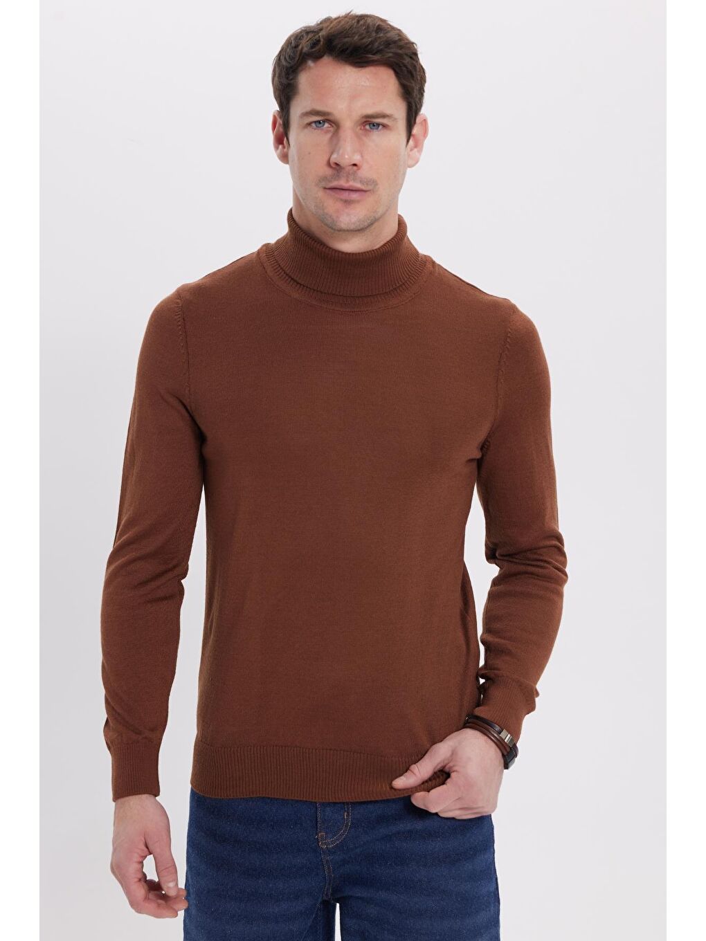 Slim Fit Tam Boğazlı Yaka Düz Yün Kahverengi Erkek Triko Kazak