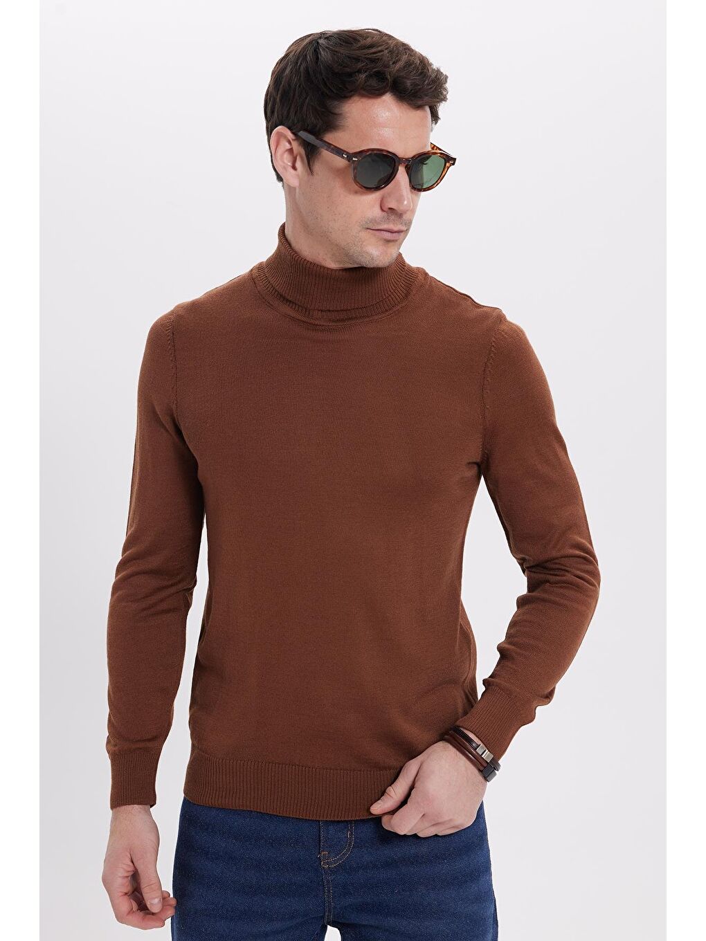 Slim Fit Tam Boğazlı Yaka Düz Yün Kahverengi Erkek Triko Kazak-1