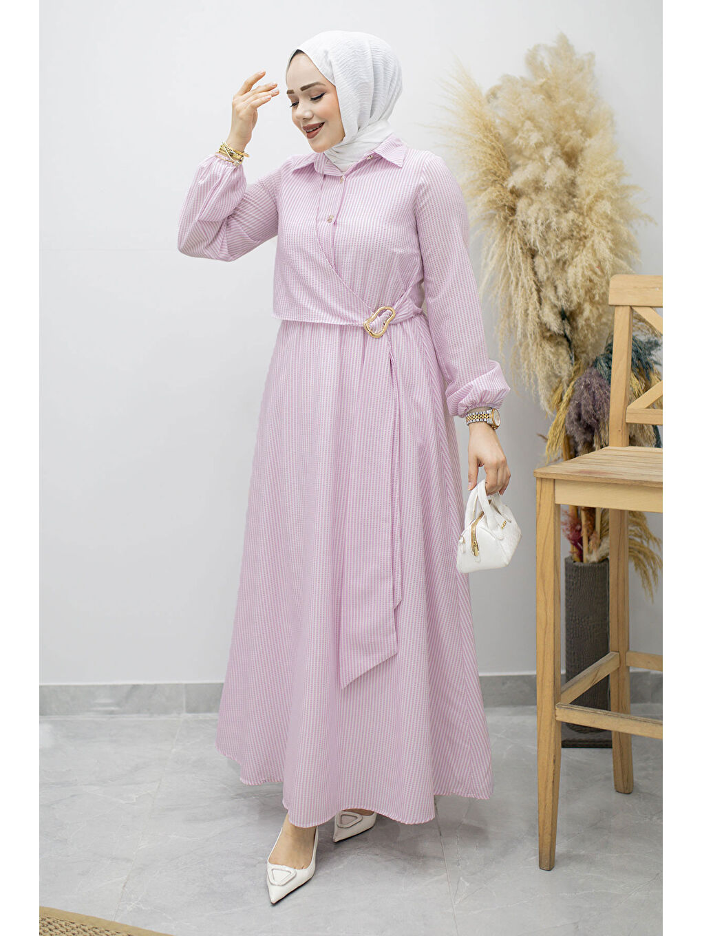 Çizgili Tokalı Gömlek Elbise TSD260196 Lila-2