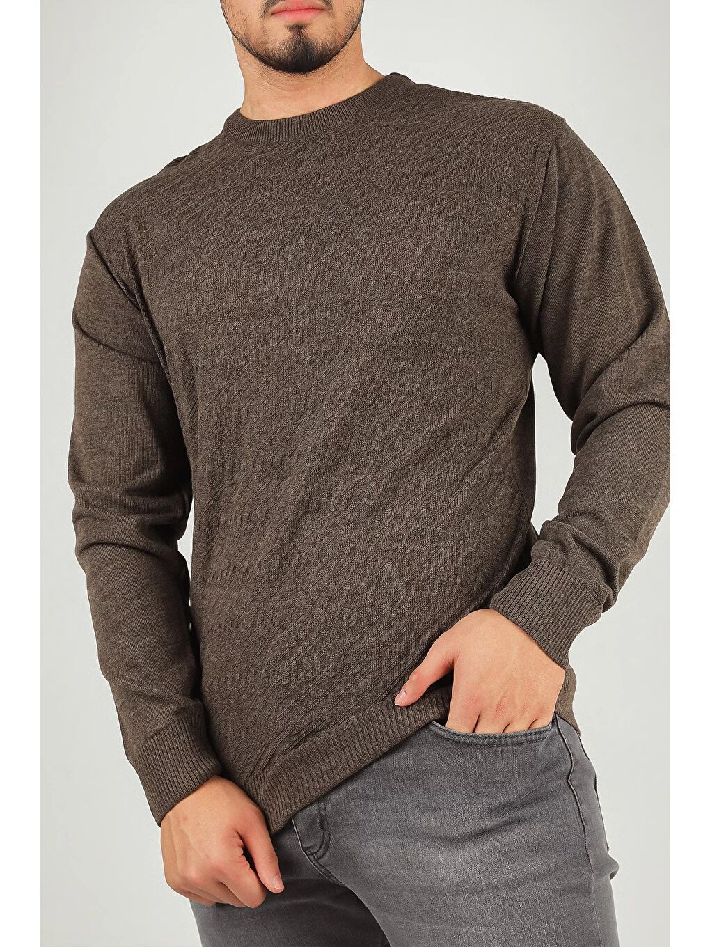 Bej Erkek Bisiklet Yaka Kendinden Desenli Triko Kazak-4