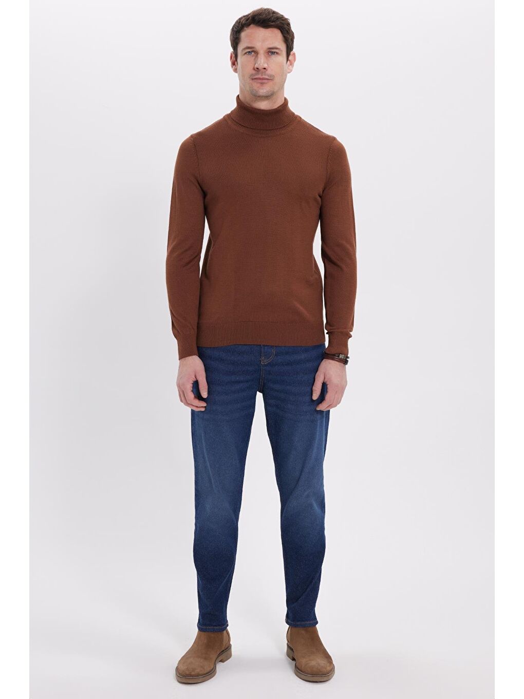 Slim Fit Tam Boğazlı Yaka Düz Yün Kahverengi Erkek Triko Kazak-3