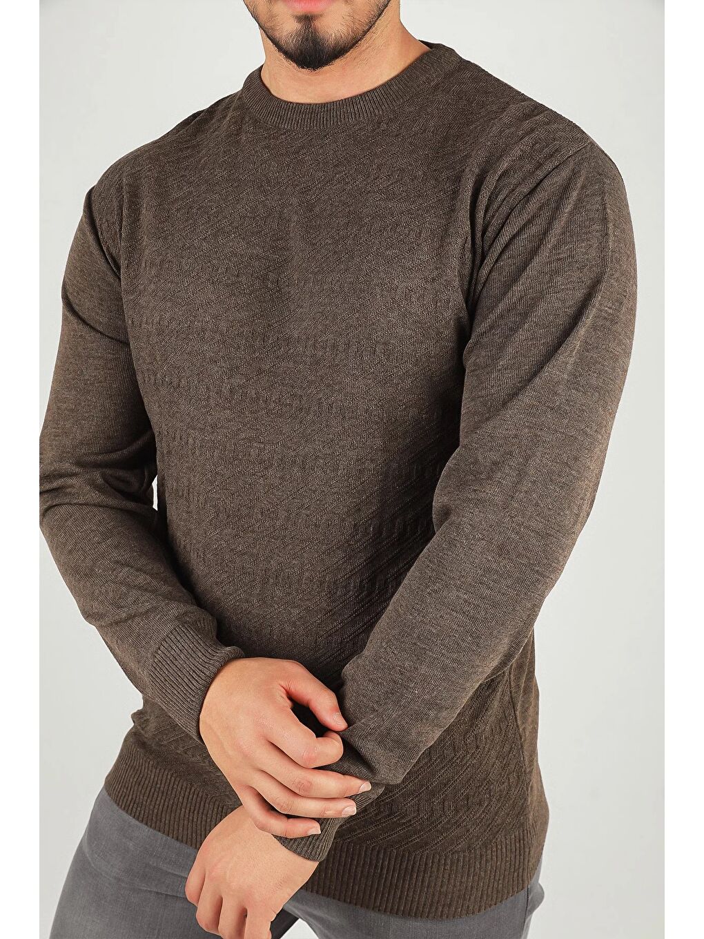 Bej Erkek Bisiklet Yaka Kendinden Desenli Triko Kazak-5