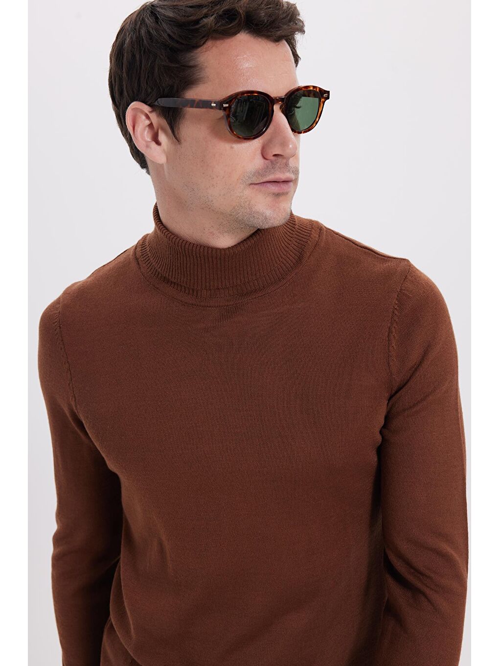 Slim Fit Tam Boğazlı Yaka Düz Yün Kahverengi Erkek Triko Kazak-4