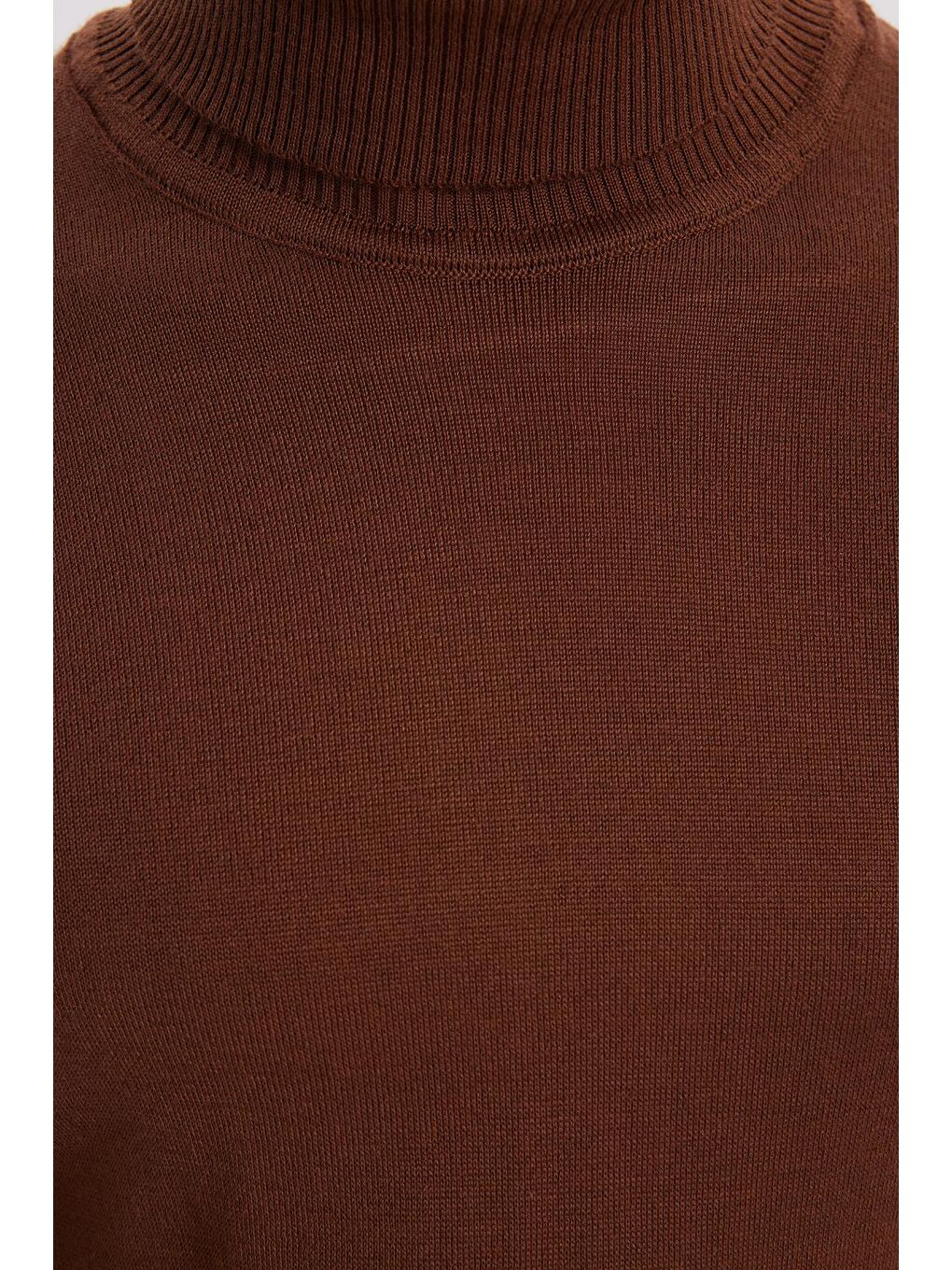 Slim Fit Tam Boğazlı Yaka Düz Yün Kahverengi Erkek Triko Kazak-5