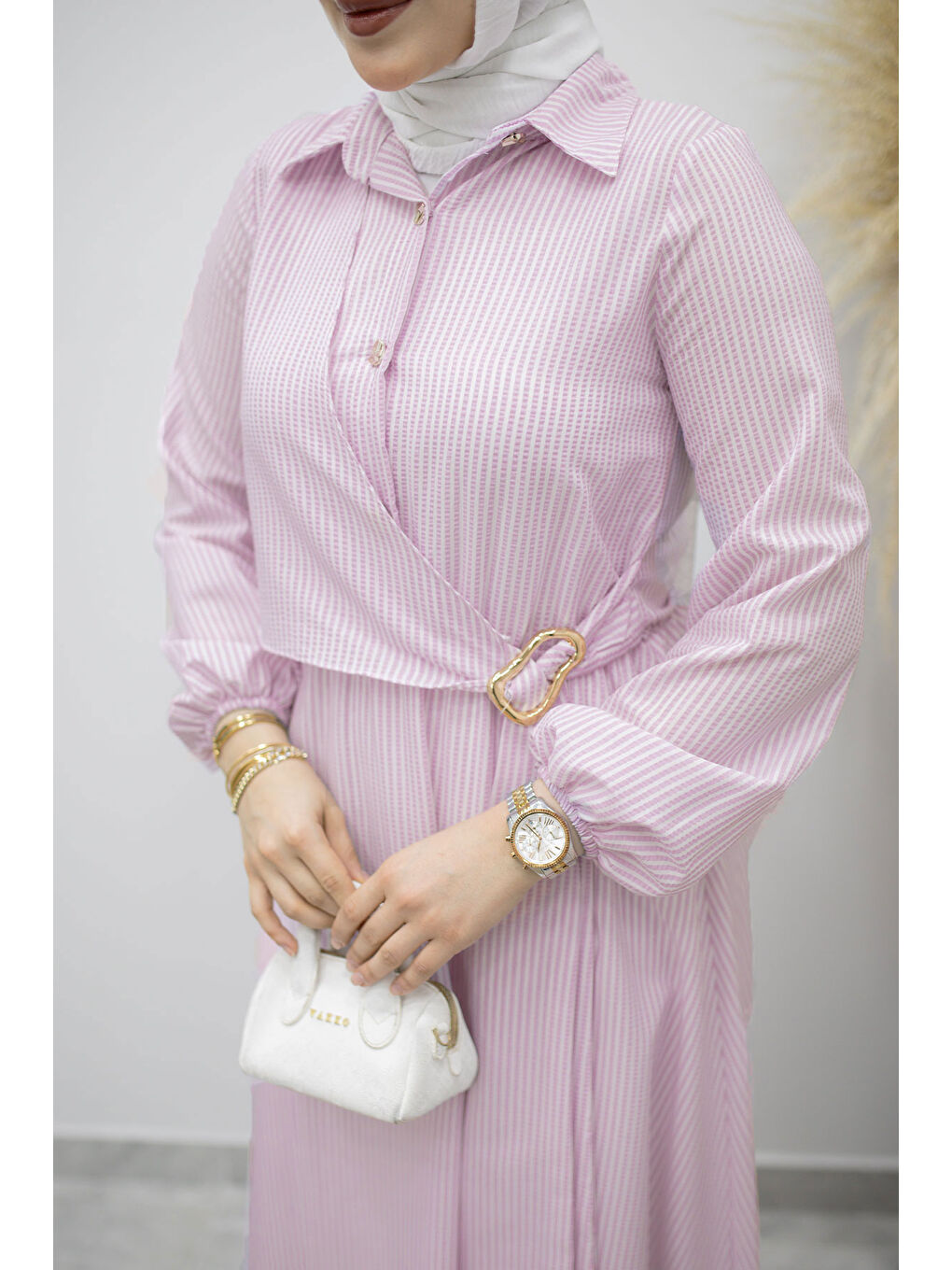 Çizgili Tokalı Gömlek Elbise TSD260196 Lila-3