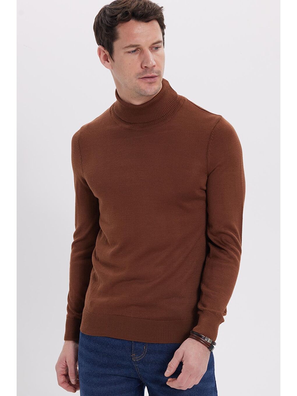 Slim Fit Tam Boğazlı Yaka Düz Yün Kahverengi Erkek Triko Kazak-6