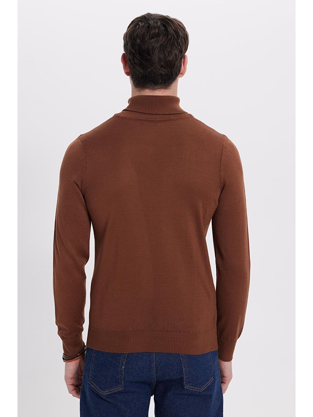 Slim Fit Tam Boğazlı Yaka Düz Yün Kahverengi Erkek Triko Kazak-7