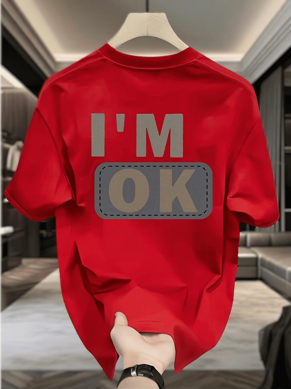 Kırmızı Unisex "ı'm Ok" Baskılı Oversize Pamuklu Tişört - Özel Tasarım Patch Detaylı