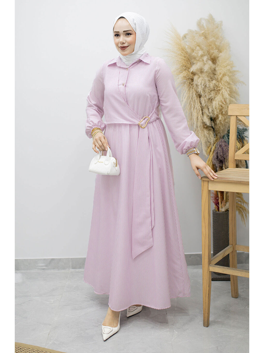 Çizgili Tokalı Gömlek Elbise TSD260196 Lila-4