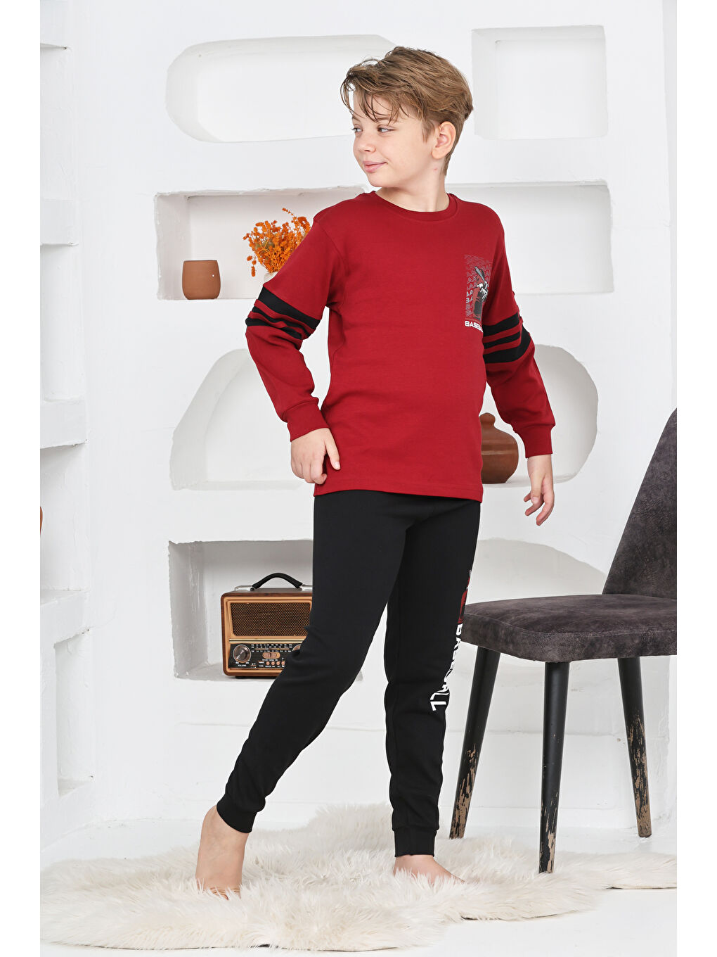 Bordo Erkek Çocuk Arkası Baskılı %100 Pamuk İnterlok Kumaş Pijama Takımı 12348