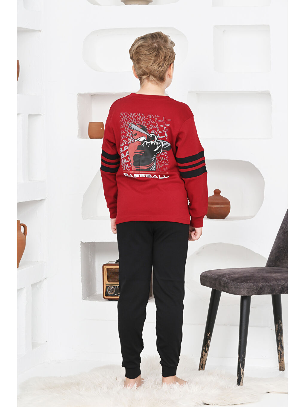 Bordo Erkek Çocuk Arkası Baskılı %100 Pamuk İnterlok Kumaş Pijama Takımı 12348-1