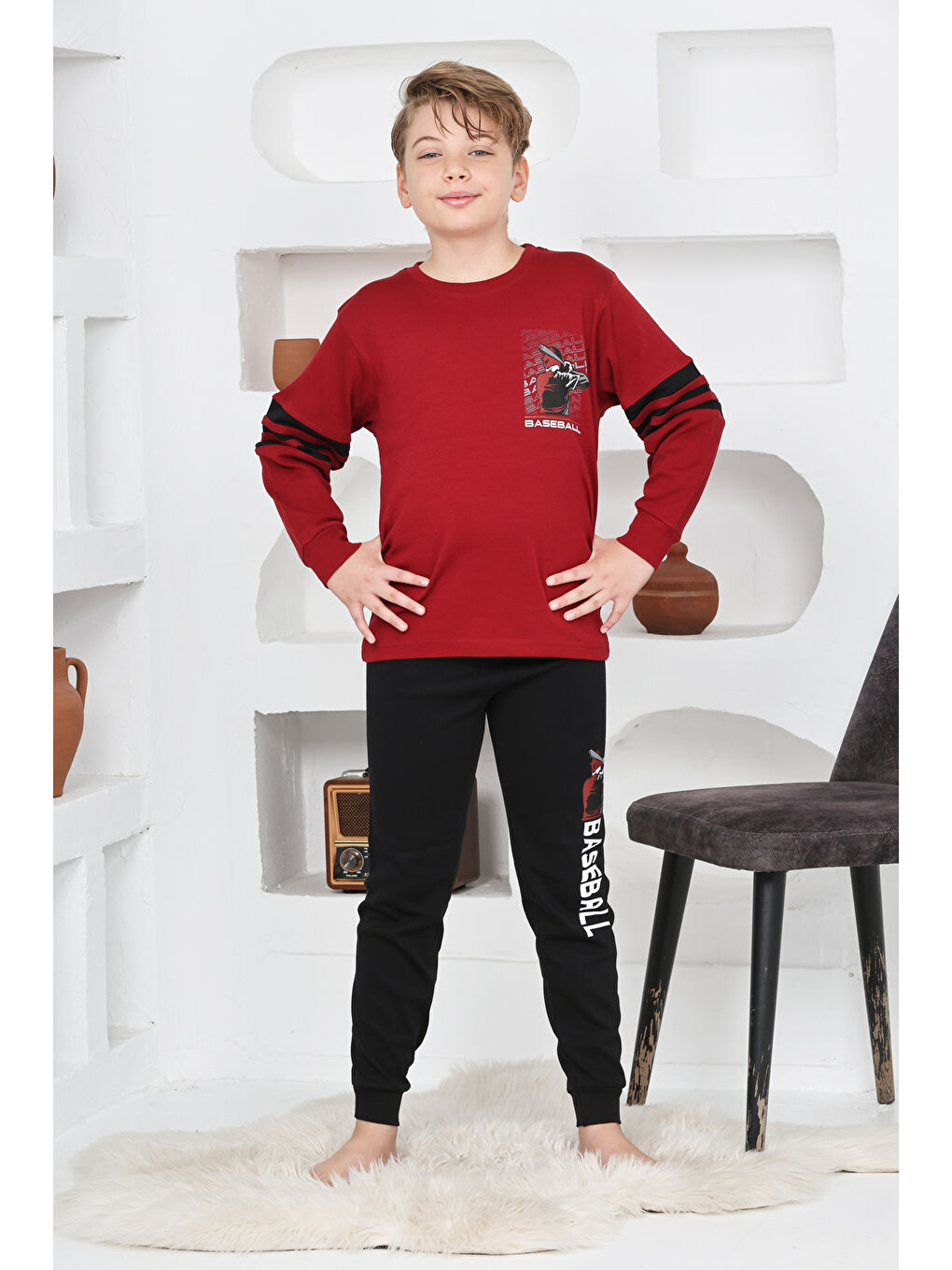 Bordo Erkek Çocuk Arkası Baskılı %100 Pamuk İnterlok Kumaş Pijama Takımı 12348-2