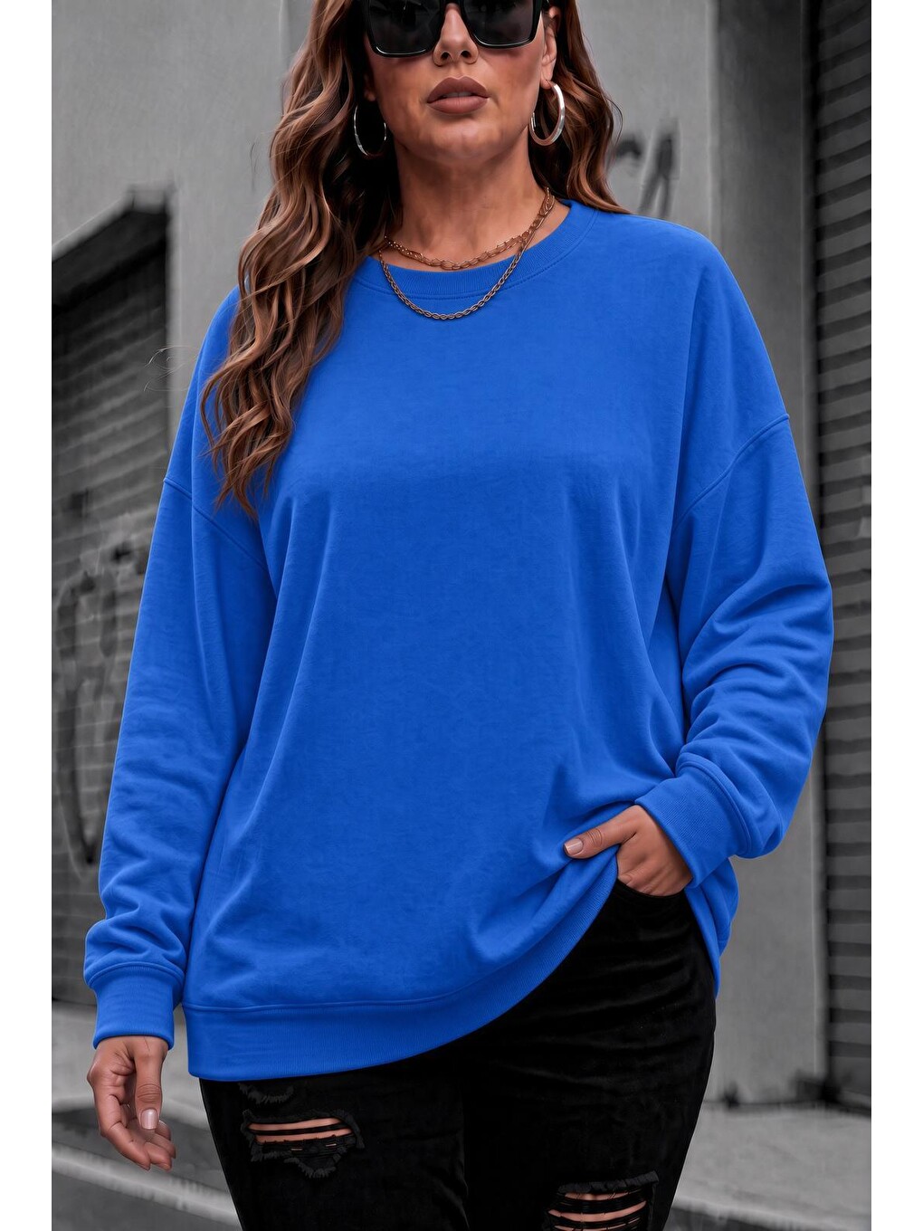 Mavi Uly Kadın Büyük Beden Battal Basic Bisiklet Yaka İki İplik Pamuklu Sweatshirt Rahat Kesim Unisex Sev