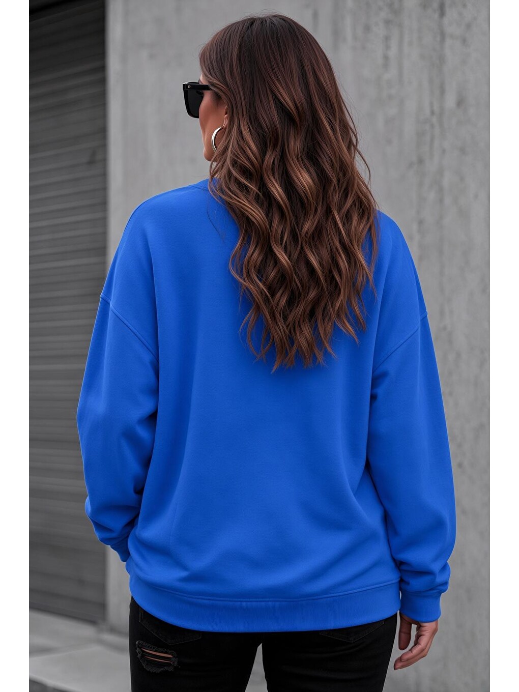 Mavi Uly Kadın Büyük Beden Battal Basic Bisiklet Yaka İki İplik Pamuklu Sweatshirt Rahat Kesim Unisex Sev-1