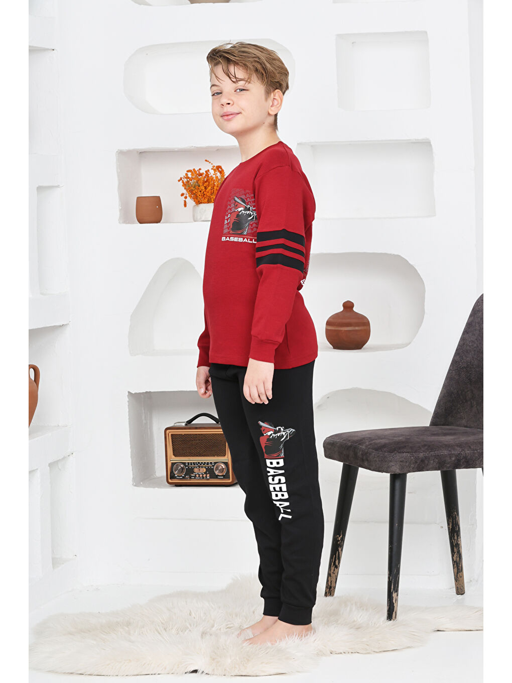 Bordo Erkek Çocuk Arkası Baskılı %100 Pamuk İnterlok Kumaş Pijama Takımı 12348-4