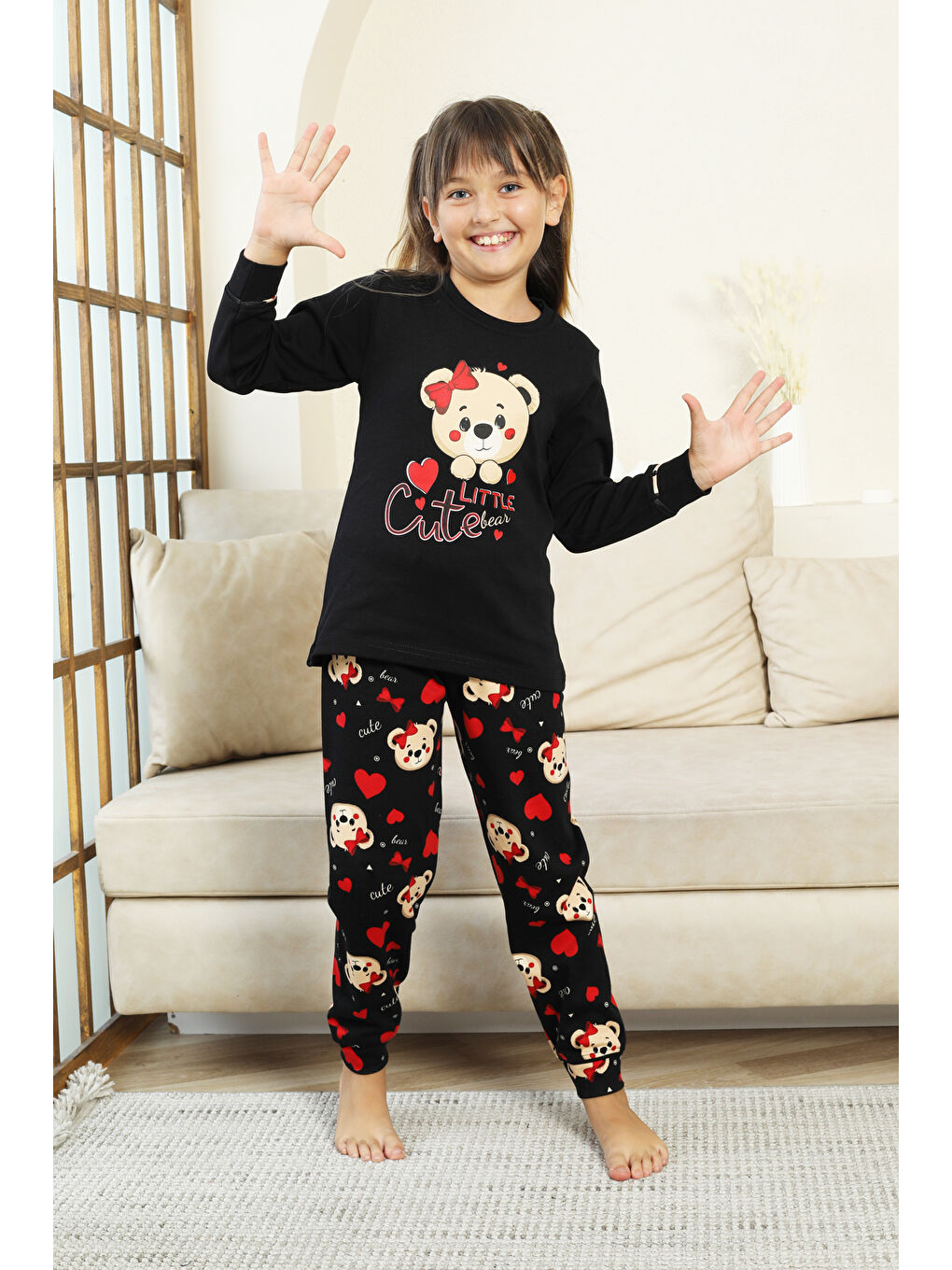 Siyah Kız Çocuk Ayıcık Baskılı %100 Pamuk İnterlok Kumaş Pijama Takımı 12347