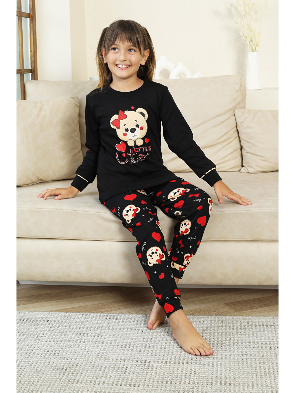 Siyah Kız Çocuk Ayıcık Baskılı %100 Pamuk İnterlok Kumaş Pijama Takımı 12347-1