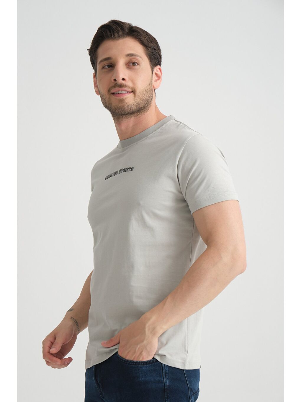 Gri Erkek Bisiklet Yaka Tişört Premium Pamuklu Yüksek Kalite Regular Fit-7