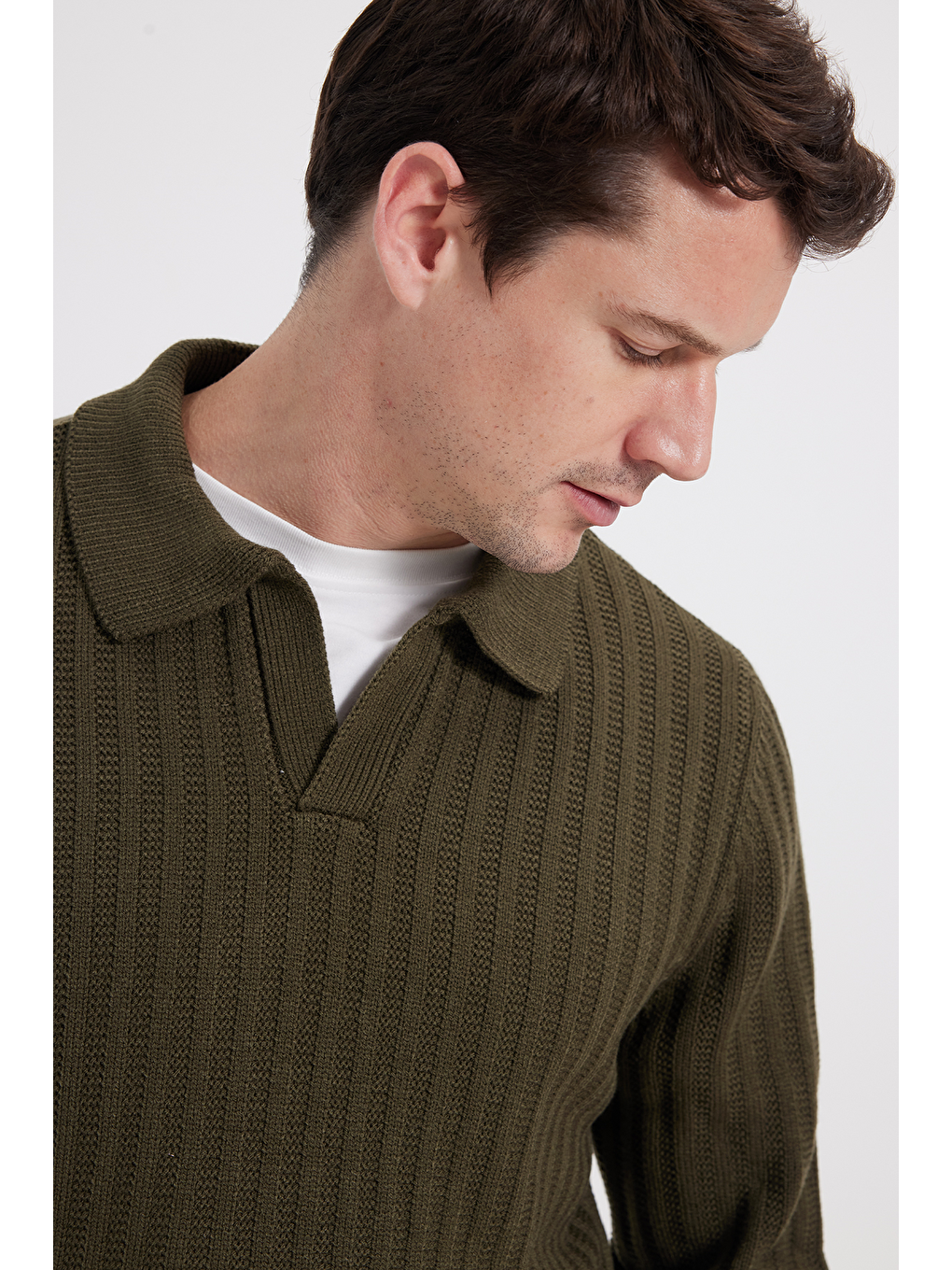 Erkek Standart Fit Normal Kesim Polo Yaka Haki Kazak-1