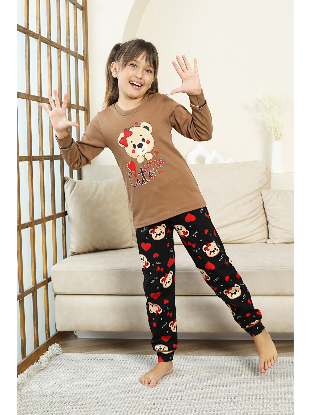 Kahverengi Kız Çocuk Ayıcık Baskılı %100 Pamuk İnterlok Kumaş Pijama Takımı 12347