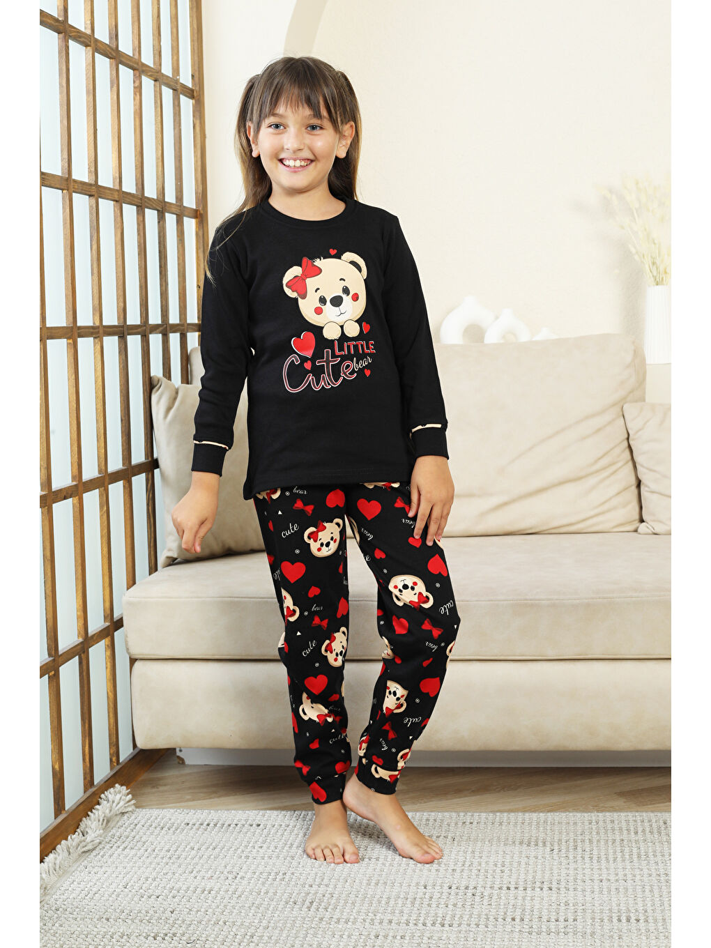Siyah Kız Çocuk Ayıcık Baskılı %100 Pamuk İnterlok Kumaş Pijama Takımı 12347-2