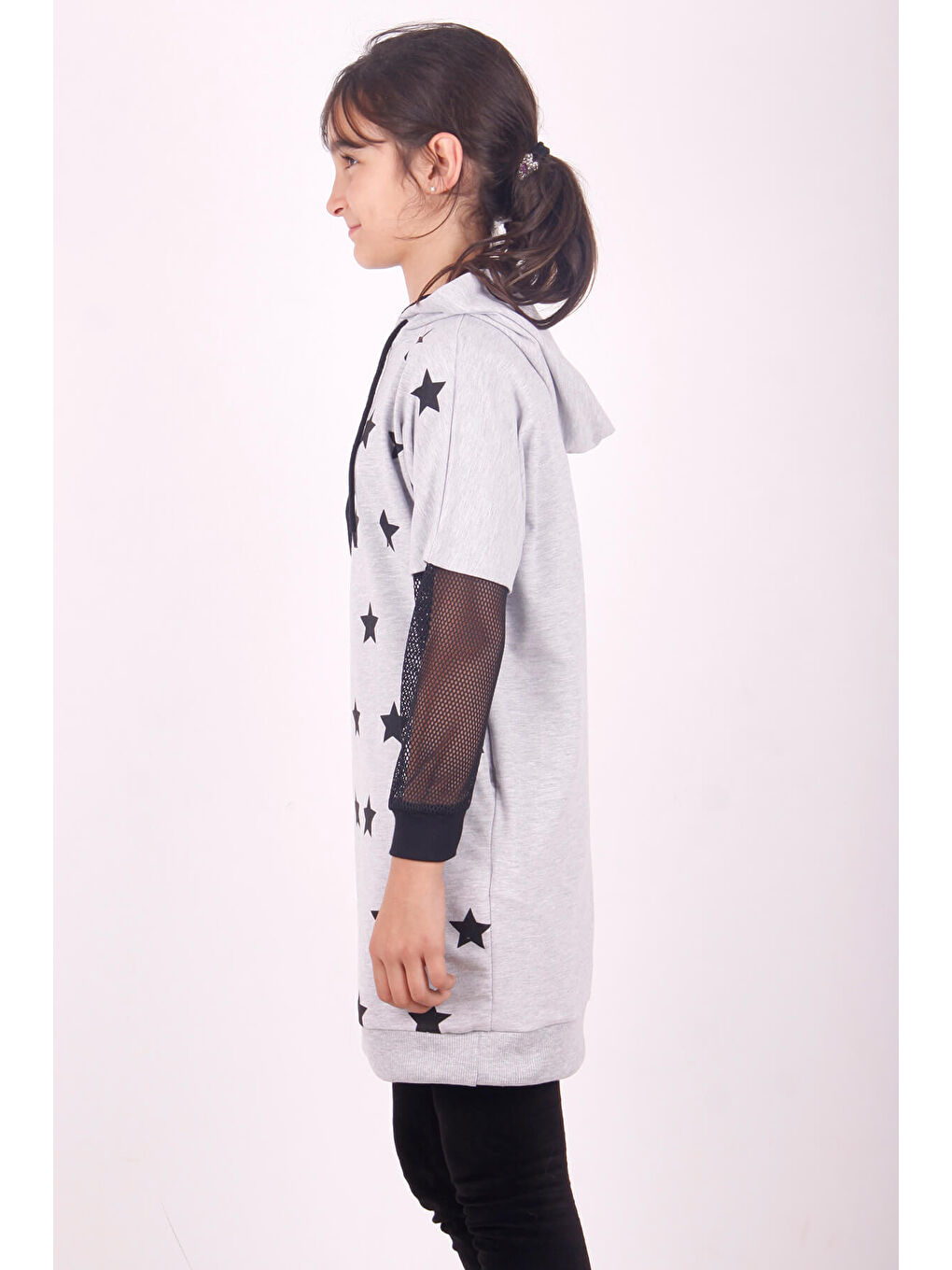 Gri Kız Çocuk Yıldız Baskılı Kapüşonlu Elbise-1