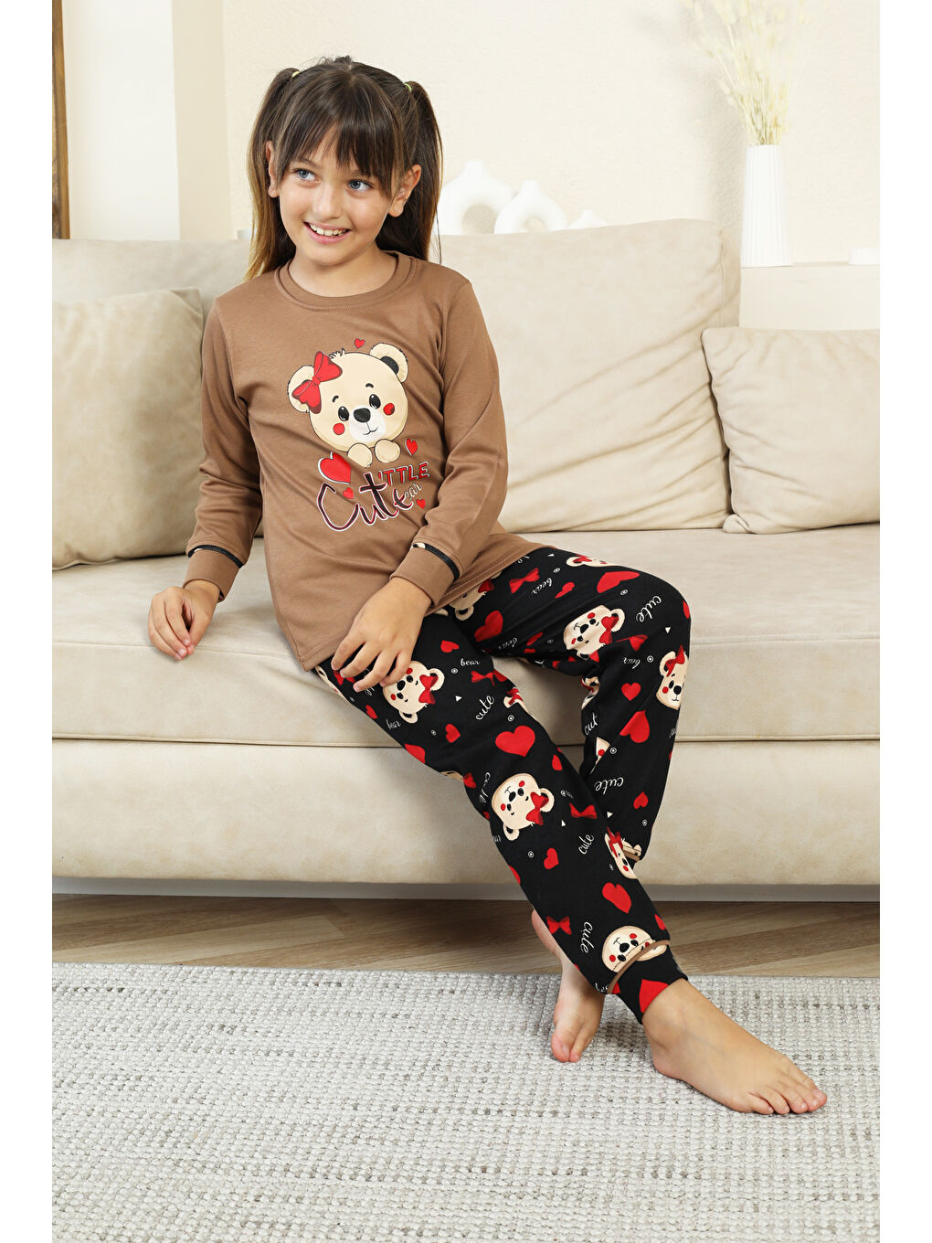 Kahverengi Kız Çocuk Ayıcık Baskılı %100 Pamuk İnterlok Kumaş Pijama Takımı 12347-1