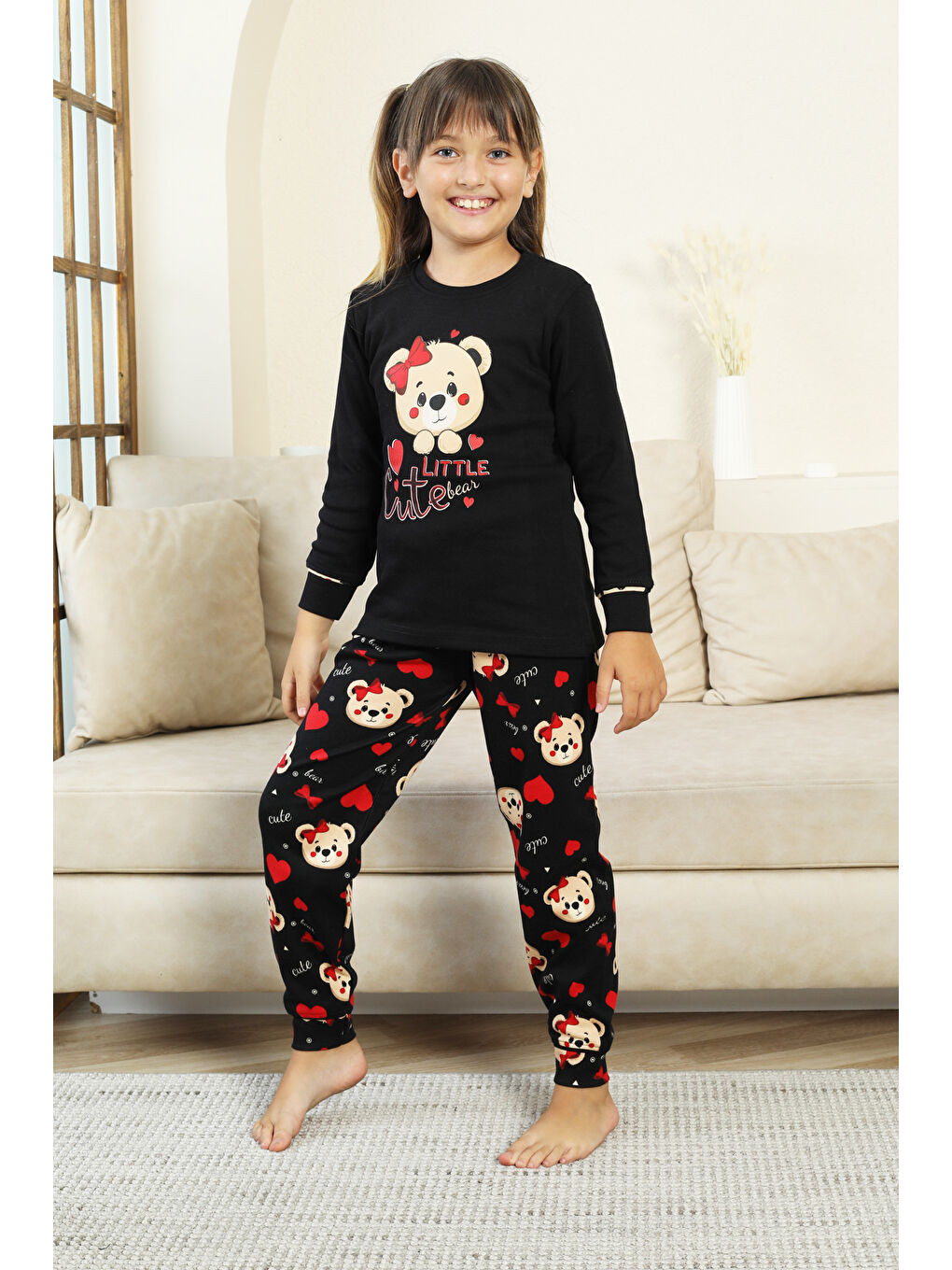 Siyah Kız Çocuk Ayıcık Baskılı %100 Pamuk İnterlok Kumaş Pijama Takımı 12347-3