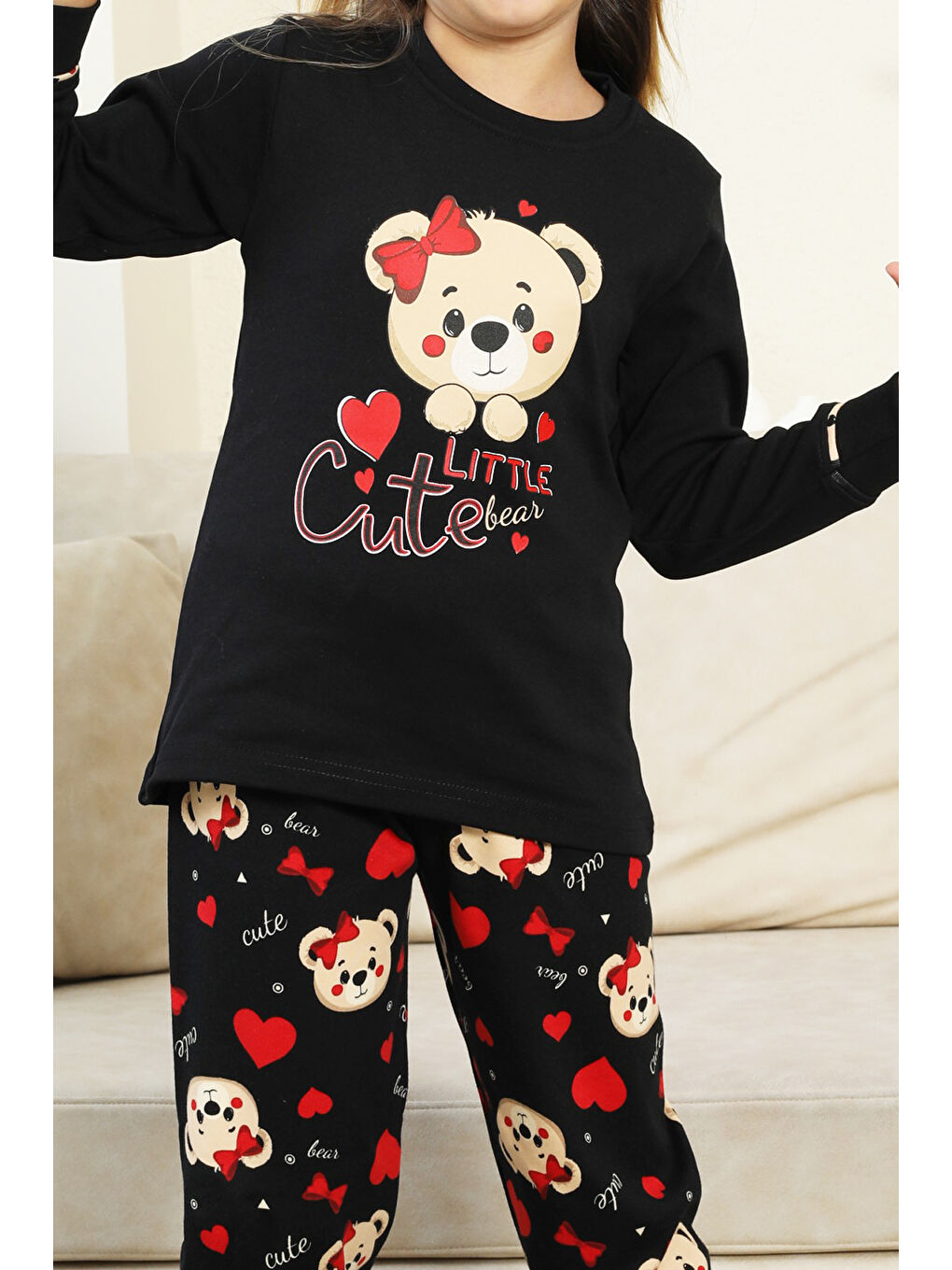 Siyah Kız Çocuk Ayıcık Baskılı %100 Pamuk İnterlok Kumaş Pijama Takımı 12347-4